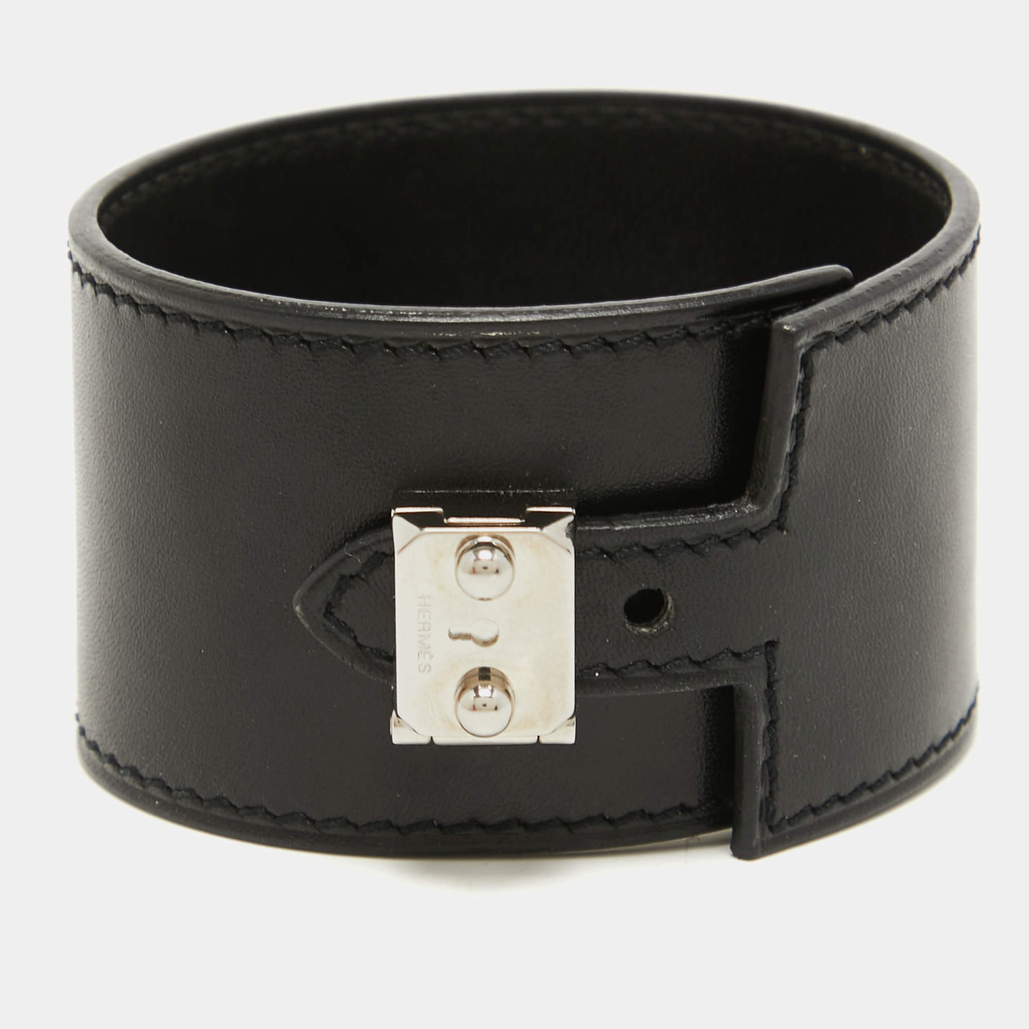 Hermès Hermes Vintage Black Leather Wide Bracelet Gold Metal Buckle  ref.675570 - Joli Closet