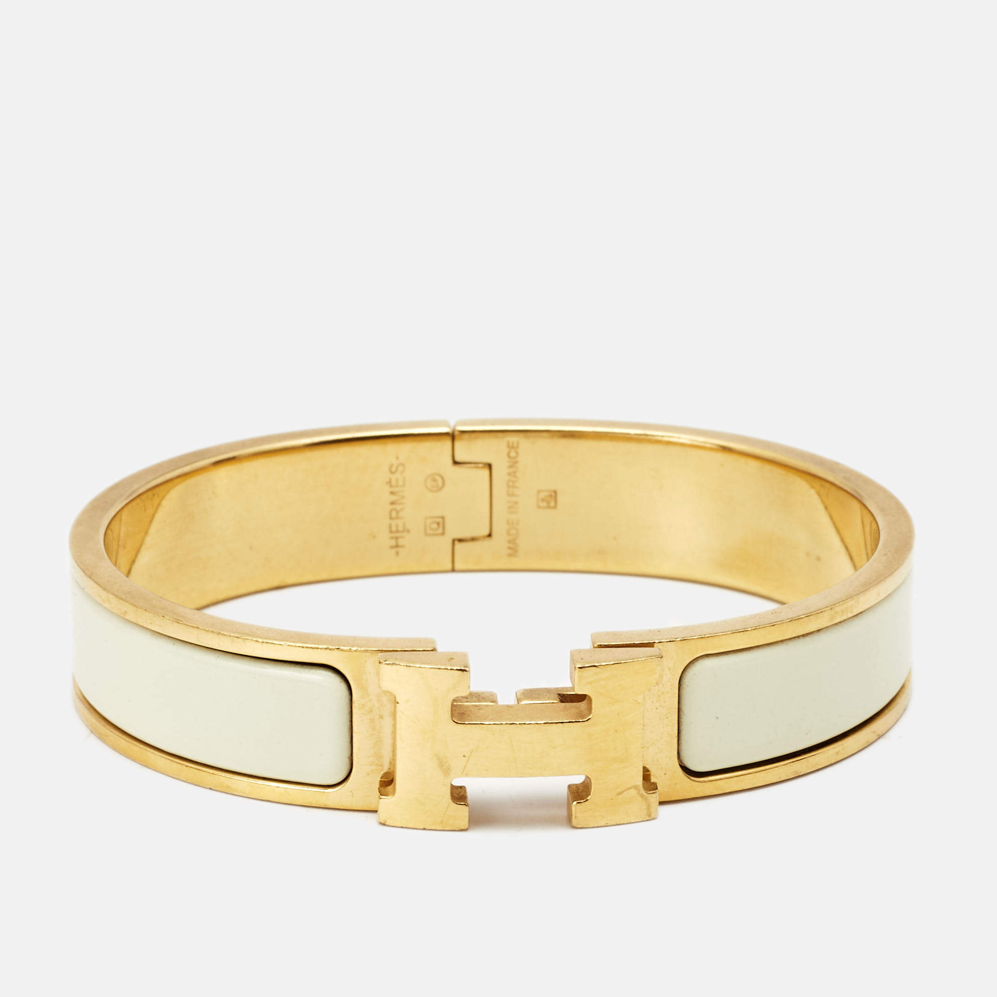 Hermes Clic H White Enamel Gold Plated Narrow Bracelet