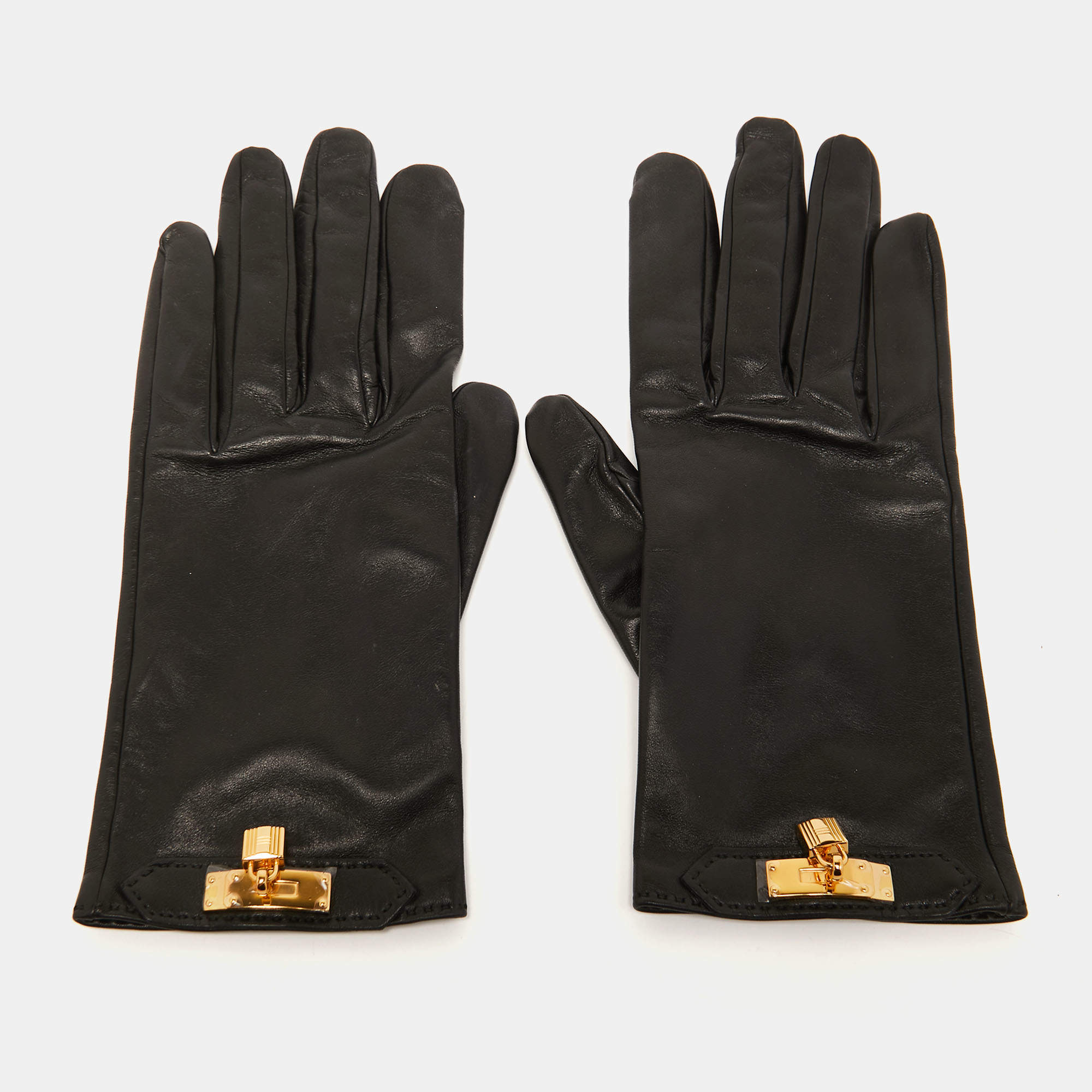 Hermes Black Lambskin Leather Soya Gloves 9