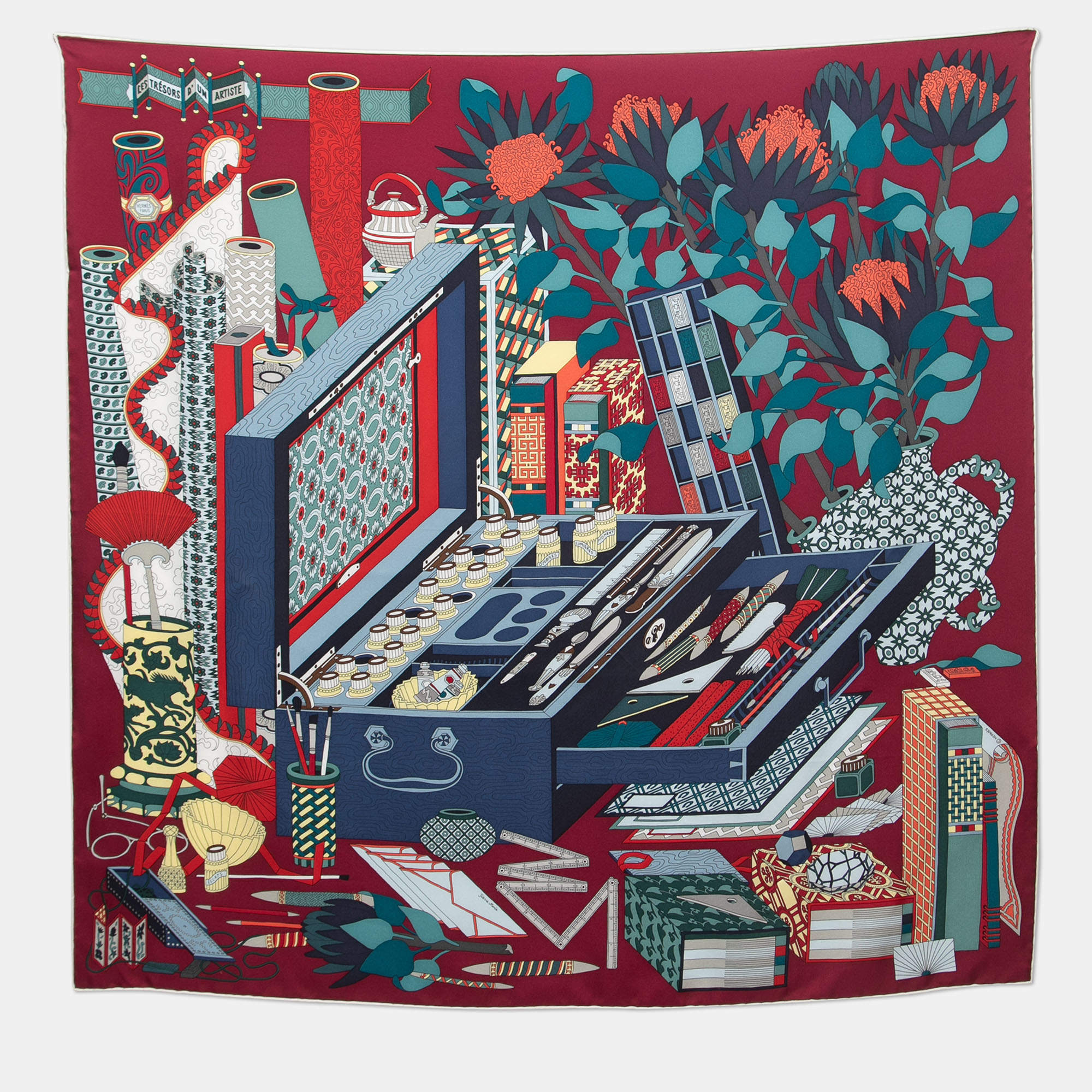 Hermes Multicolor Les Tresors D'un Artiste Printed Silk Square Scarf