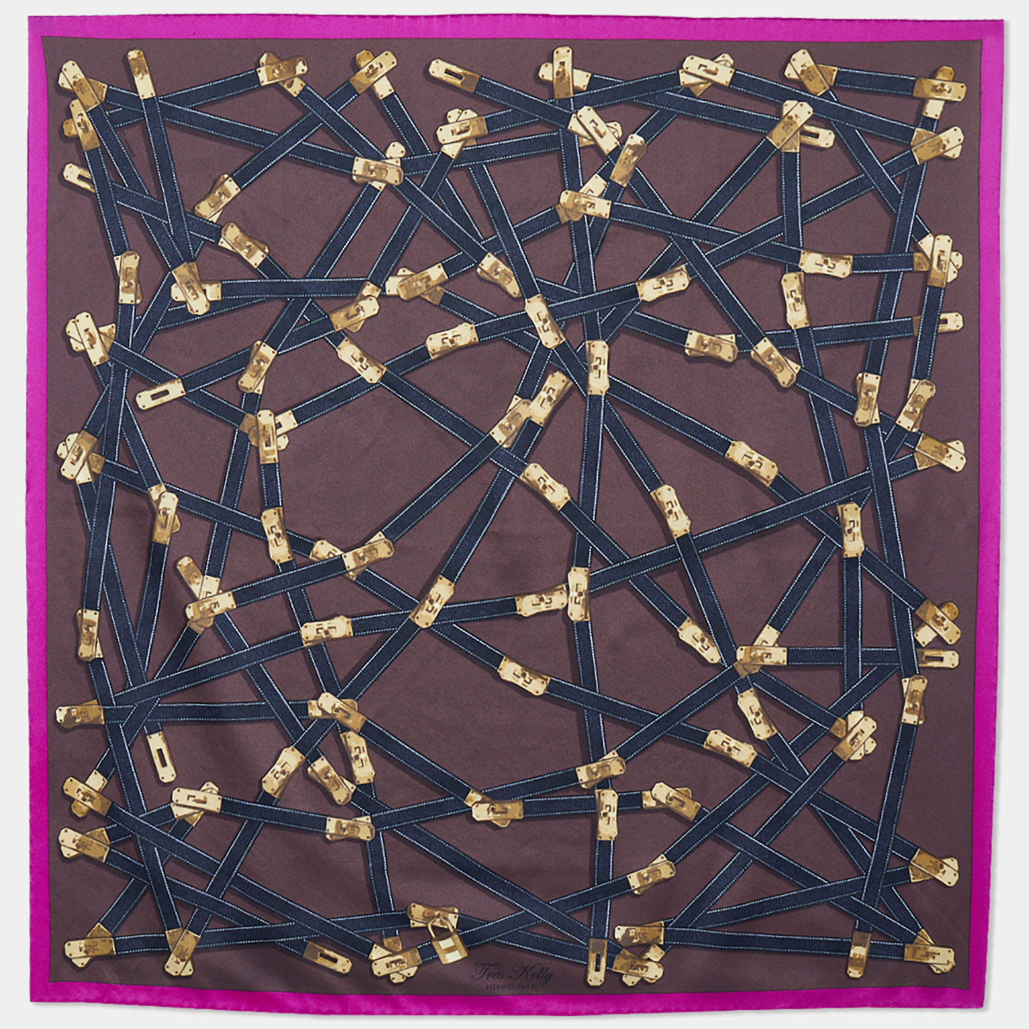 Hermes Brown Tres Kelly Printed Silk Square Scarf