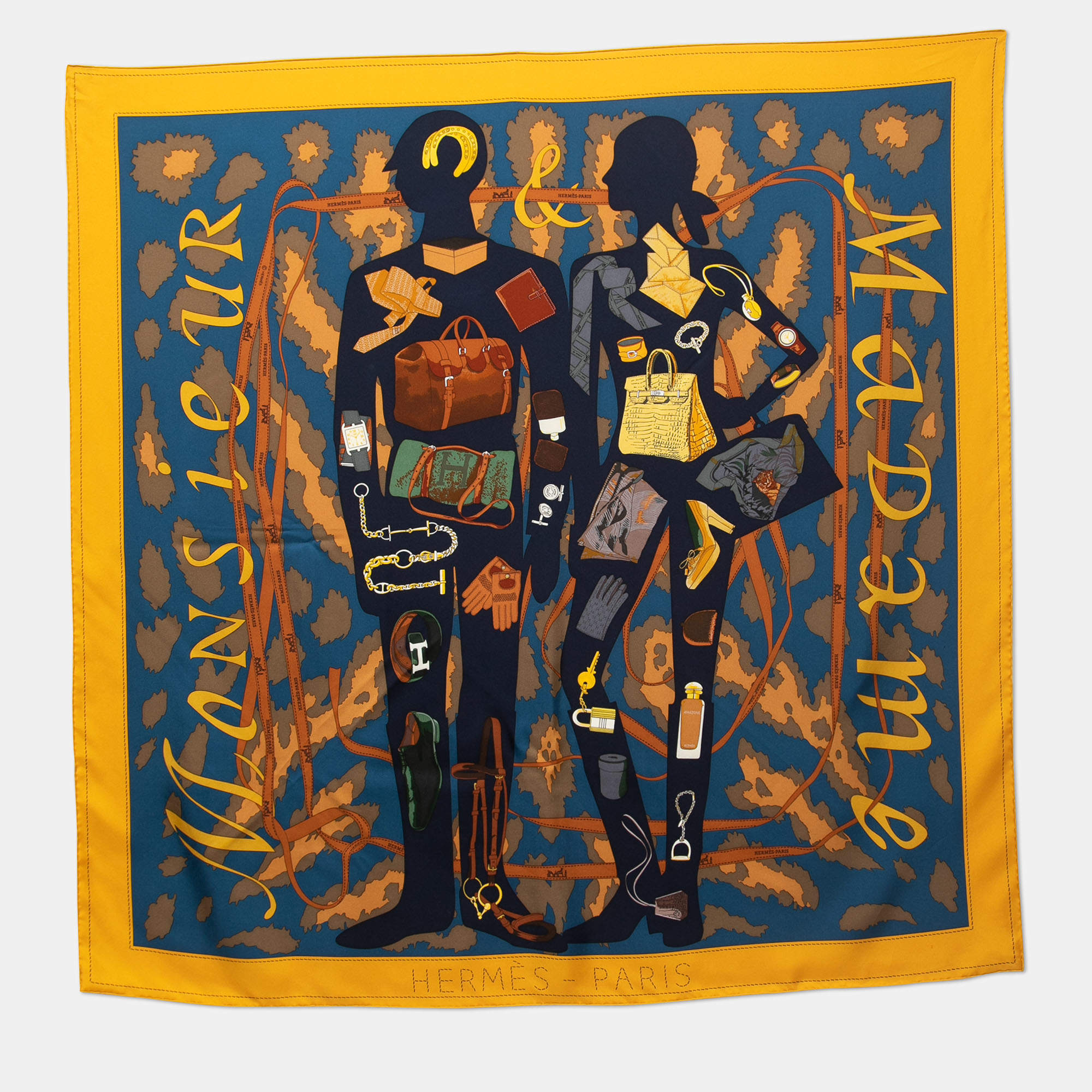 Pre Owned Hermes Yellow/Blue Monsieur et Madame Silk Scarf