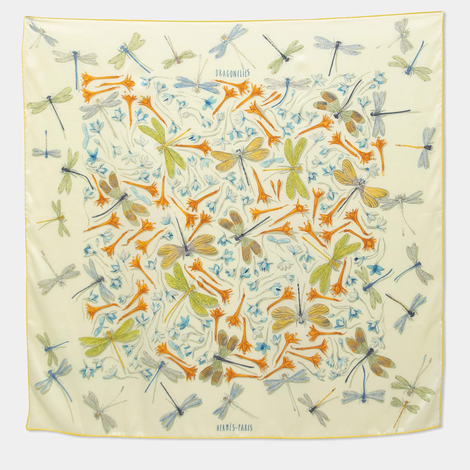 Pre Owned Hermes Yellow Dragonflies Silk Scarf