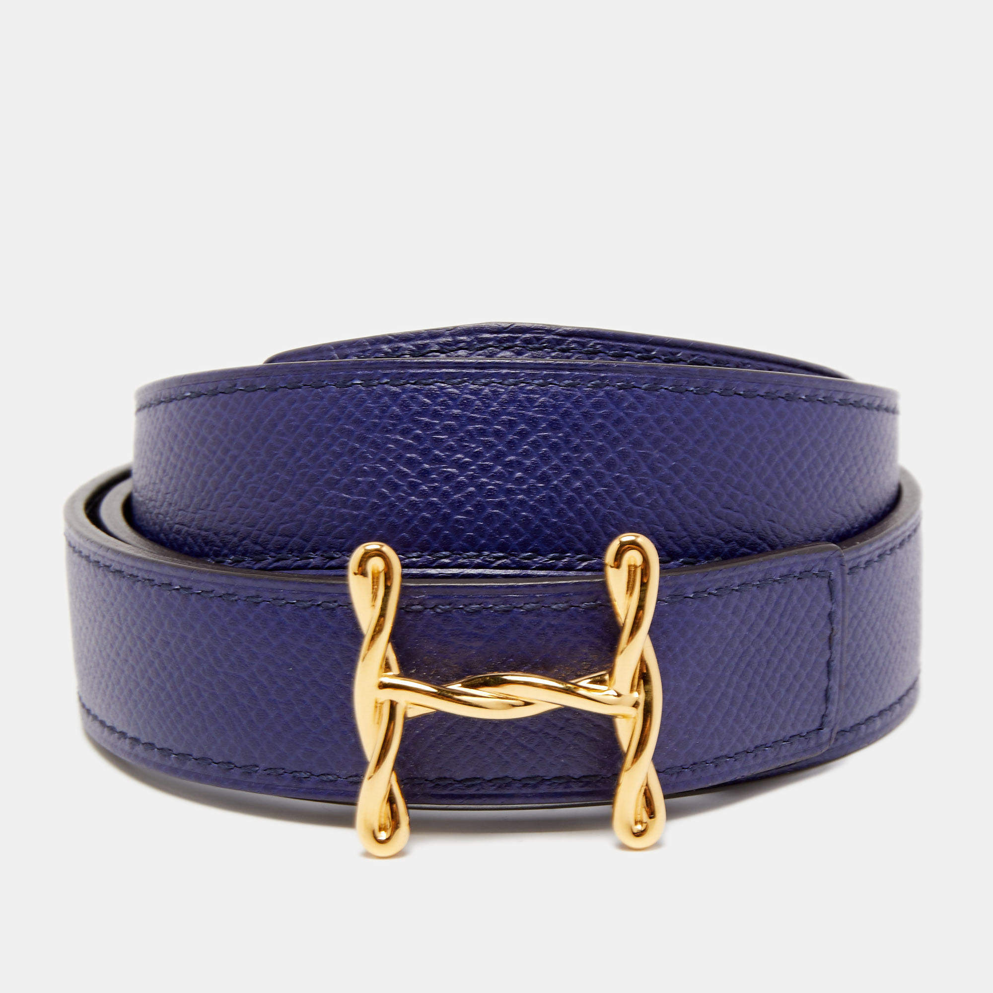 مملوكة مسبقًا Hermes Bleu Encre/Black Epsom and Swift Leather Reversible Mors H Buckle Belt 75 CM