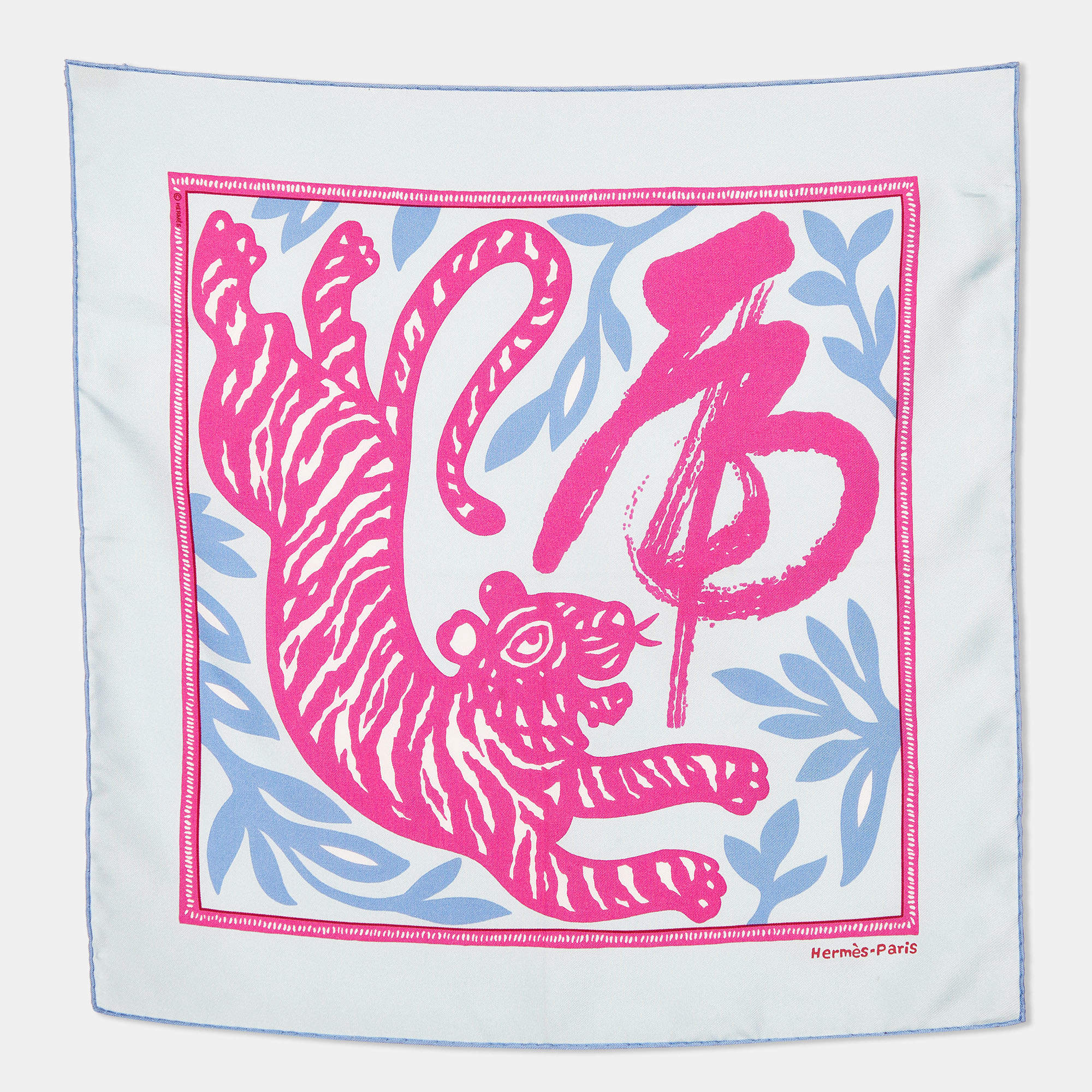 Pre Owned Hermes Sky Blue Tiger Printed Silk Square Handkerchief