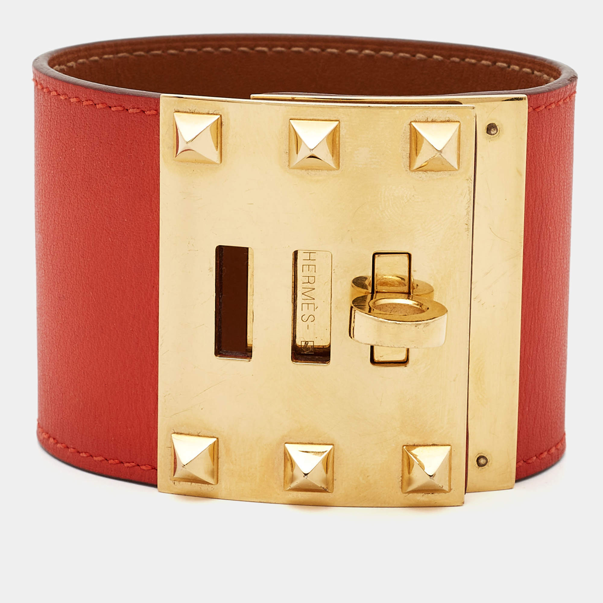 Hermes Kelly Dog Red Leather Gold Plated Wide Bracelet
