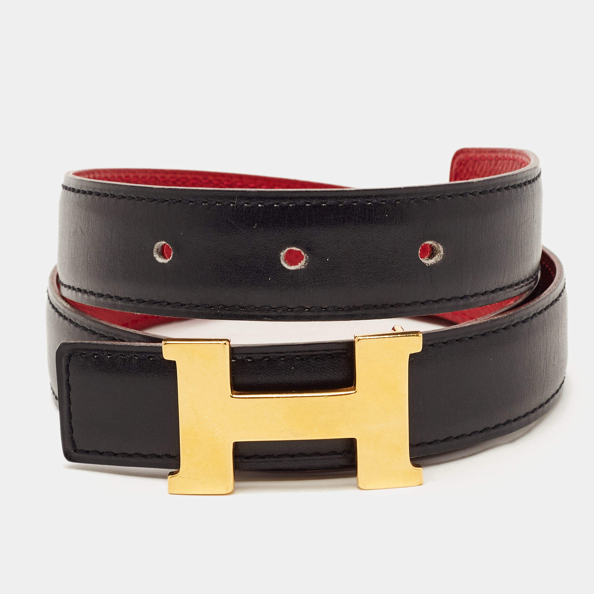 Hermes Black/Rouge Vif Box and Courchevel Constance Reversible Belt 65CM
