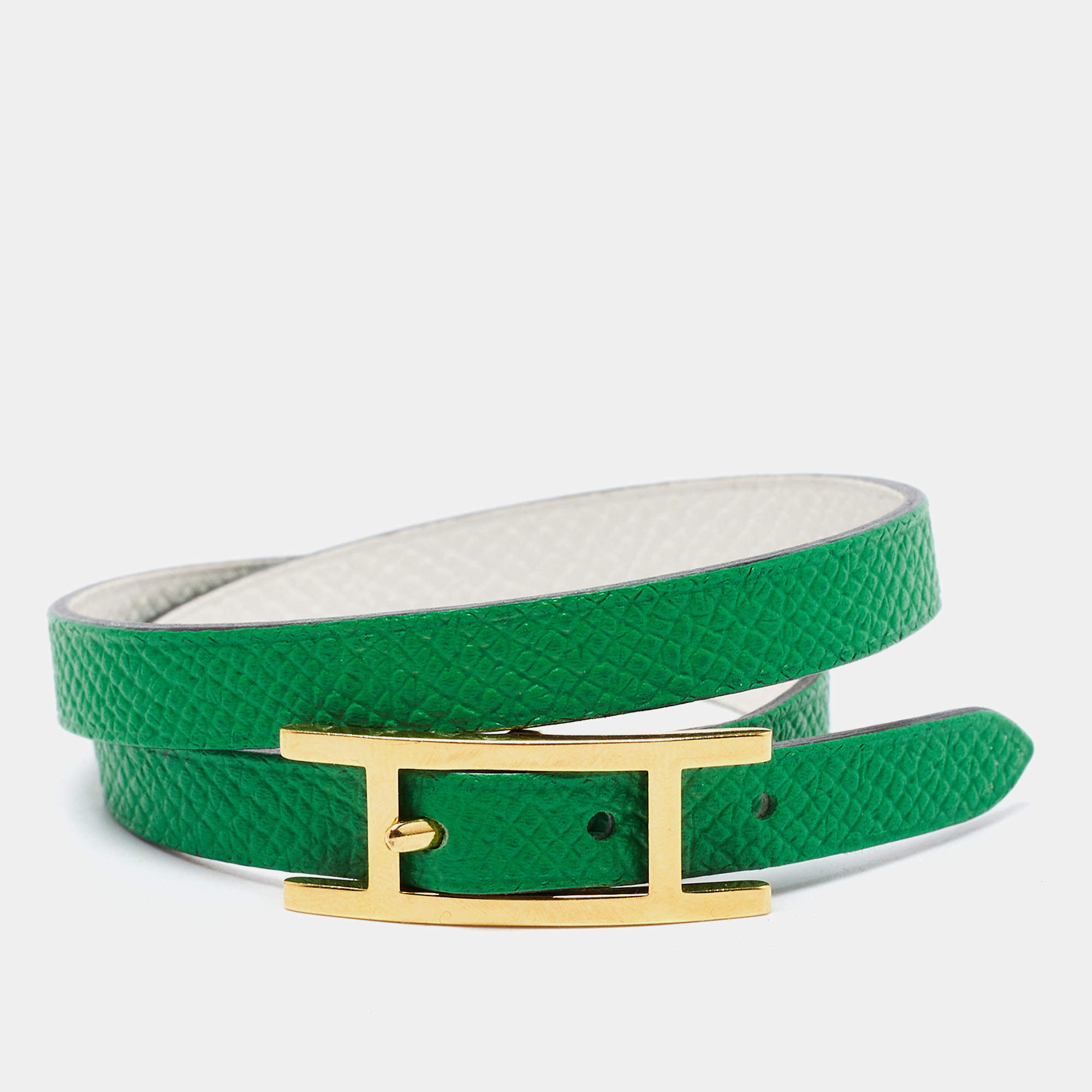 Hermes Behapi Green Leather Gold Tone Double Tour Bracelet