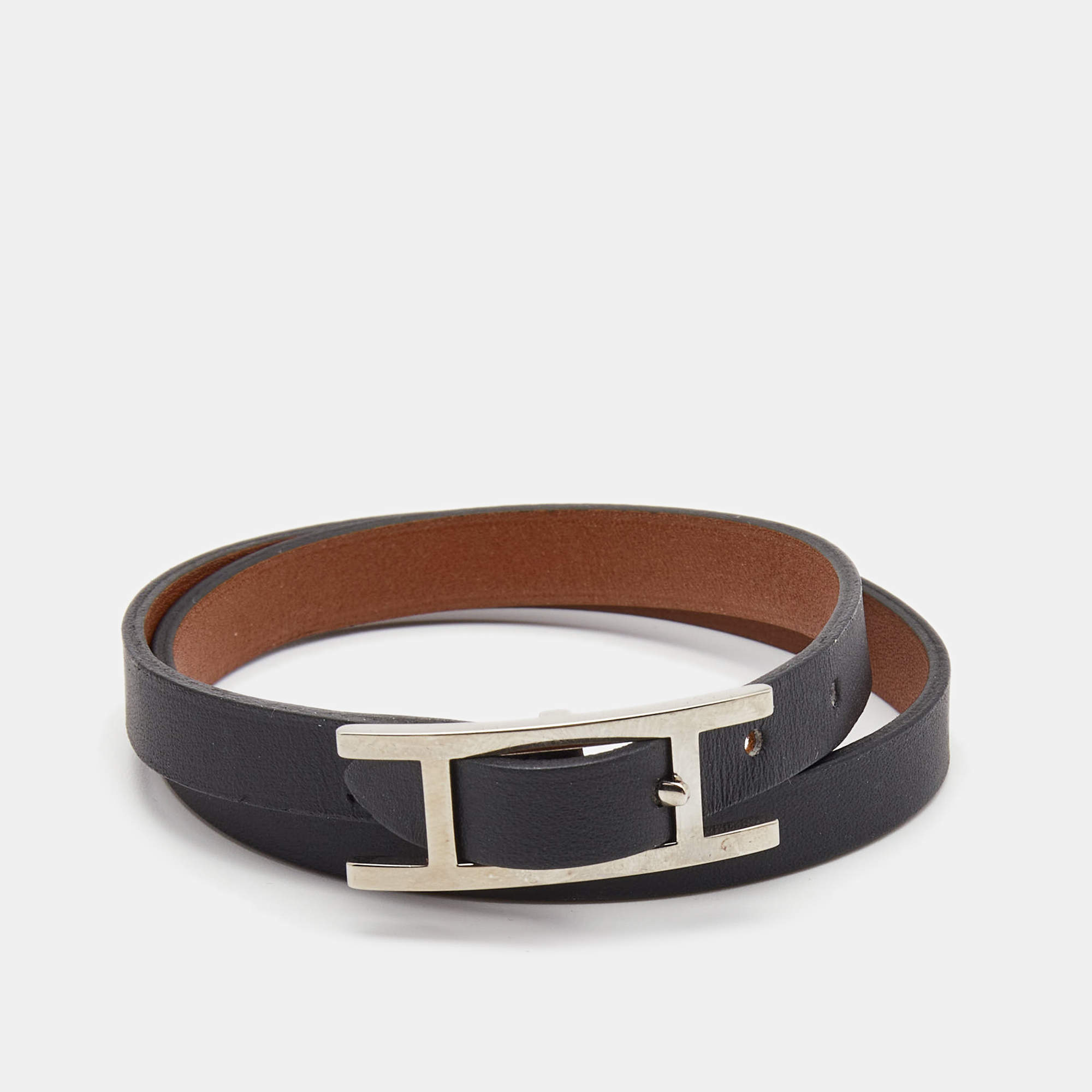 Hermes Behapi Leather Palladium Plated Bracelet