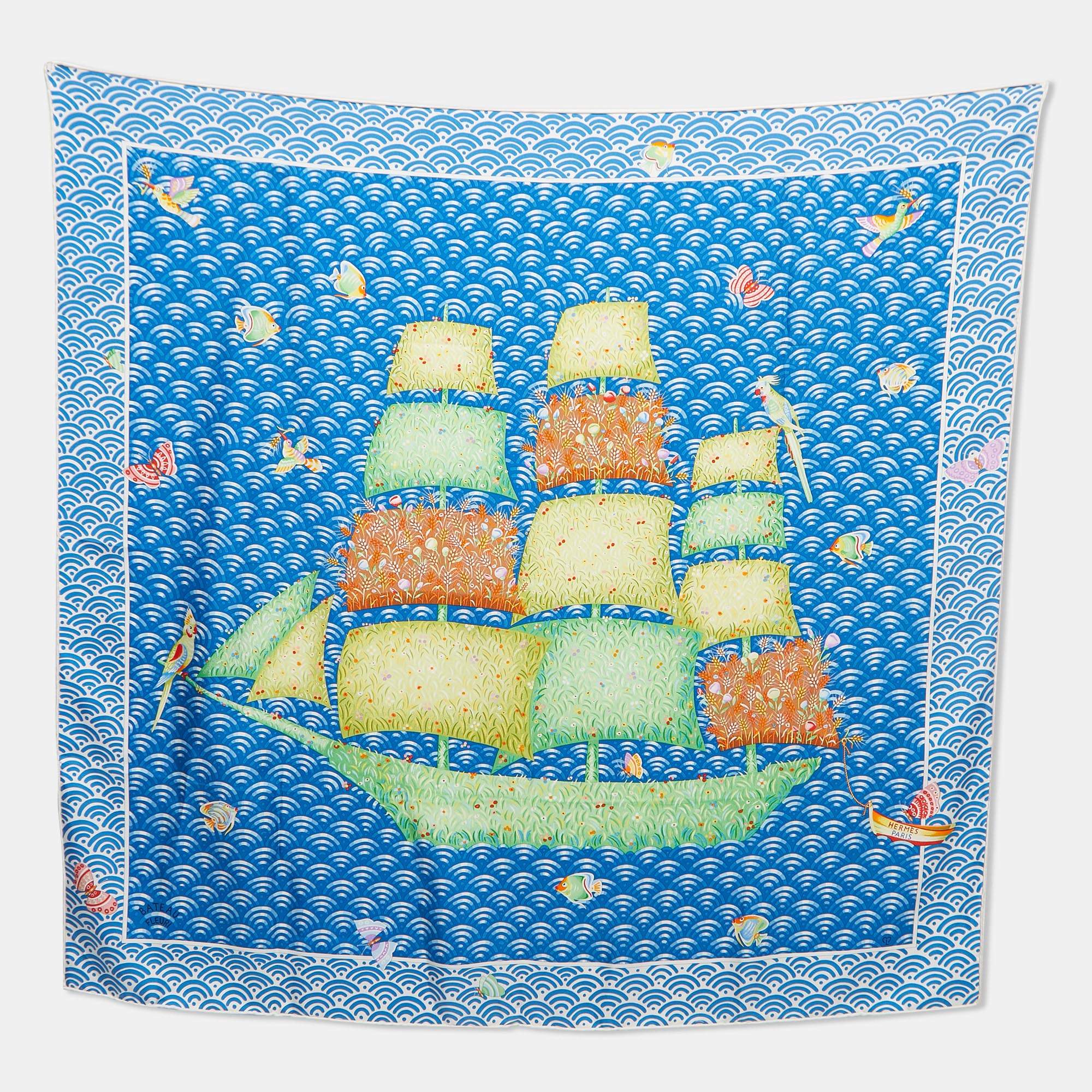 Hermes Blue/Green Bateau Fleuri Silk Scarf