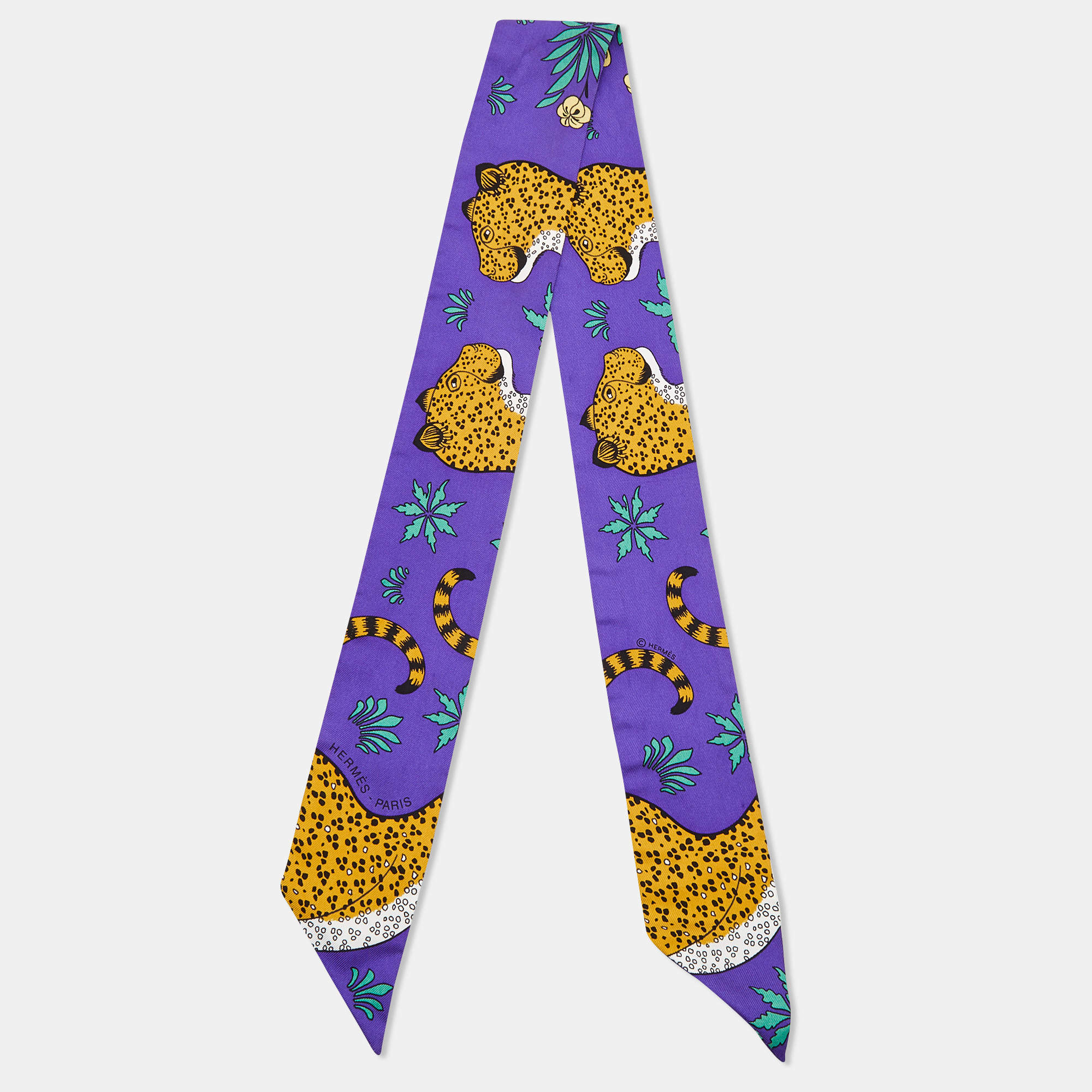 Hermes Lavender/Jaune Les Leopards Silk Twilly Hermes | The Luxury Closet