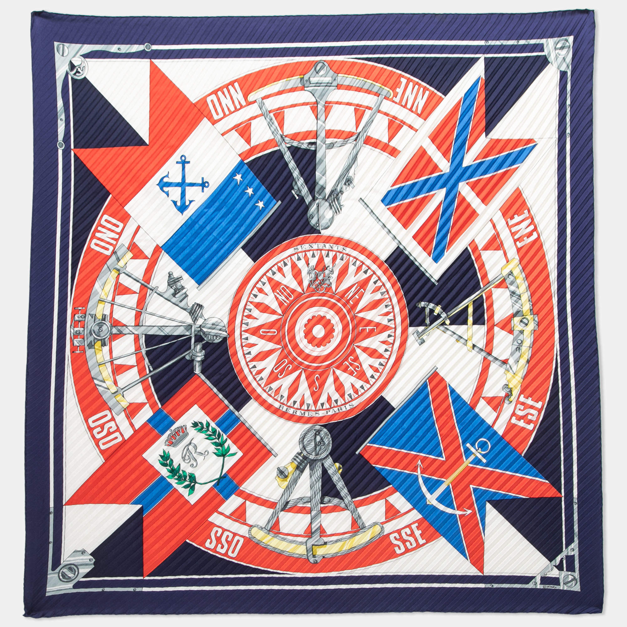 Hermes Navy Blue/Orange Sextants Silk Pleated Shawl