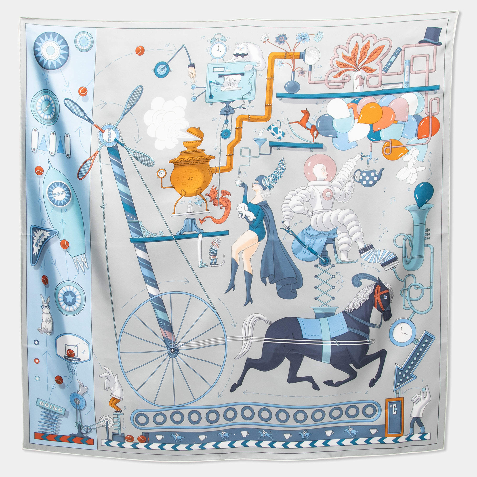 Hermès Grey Tea for Two Printed Silk Square Scarf