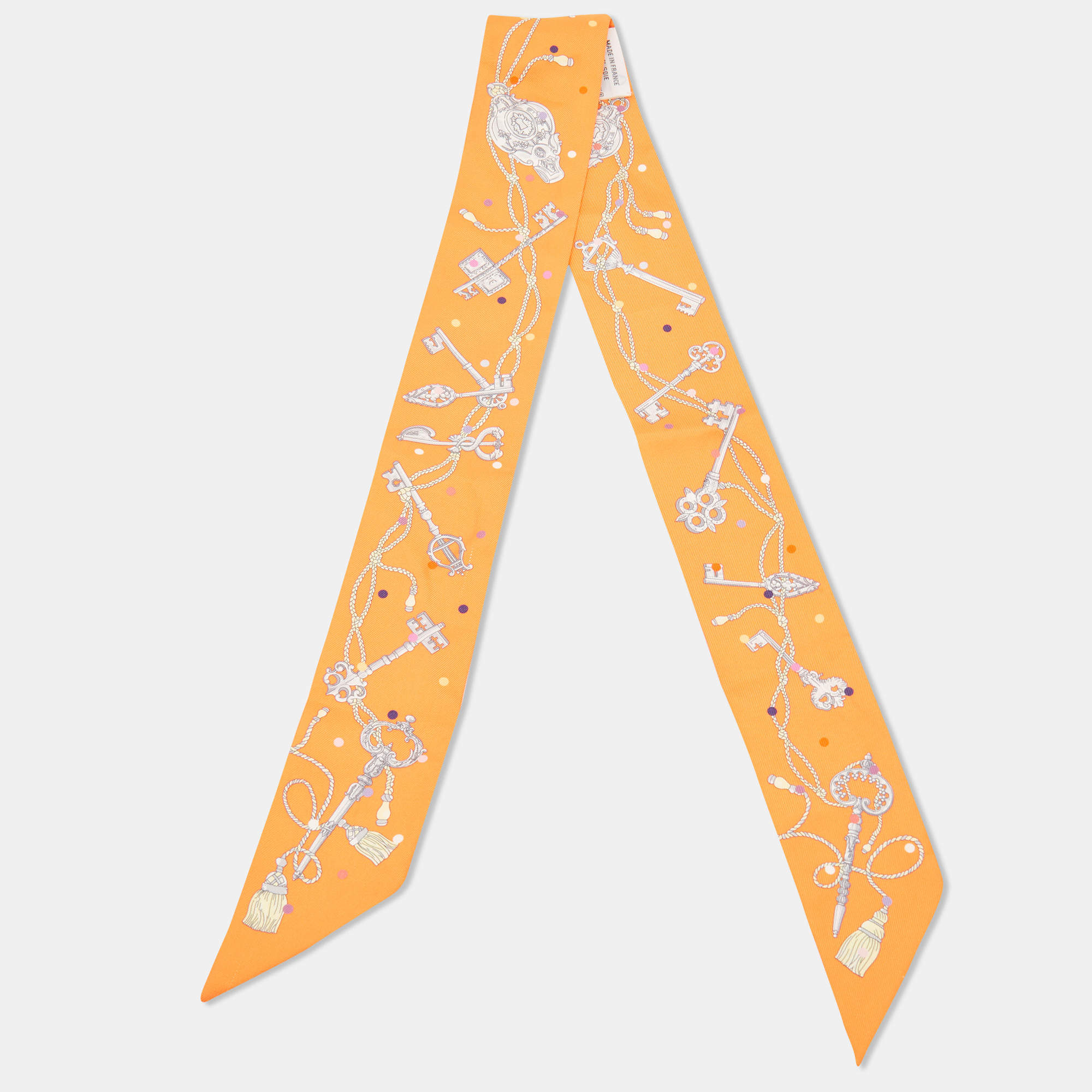 Hermès Orange Les Cles a Pois Printed Silk Twilly
