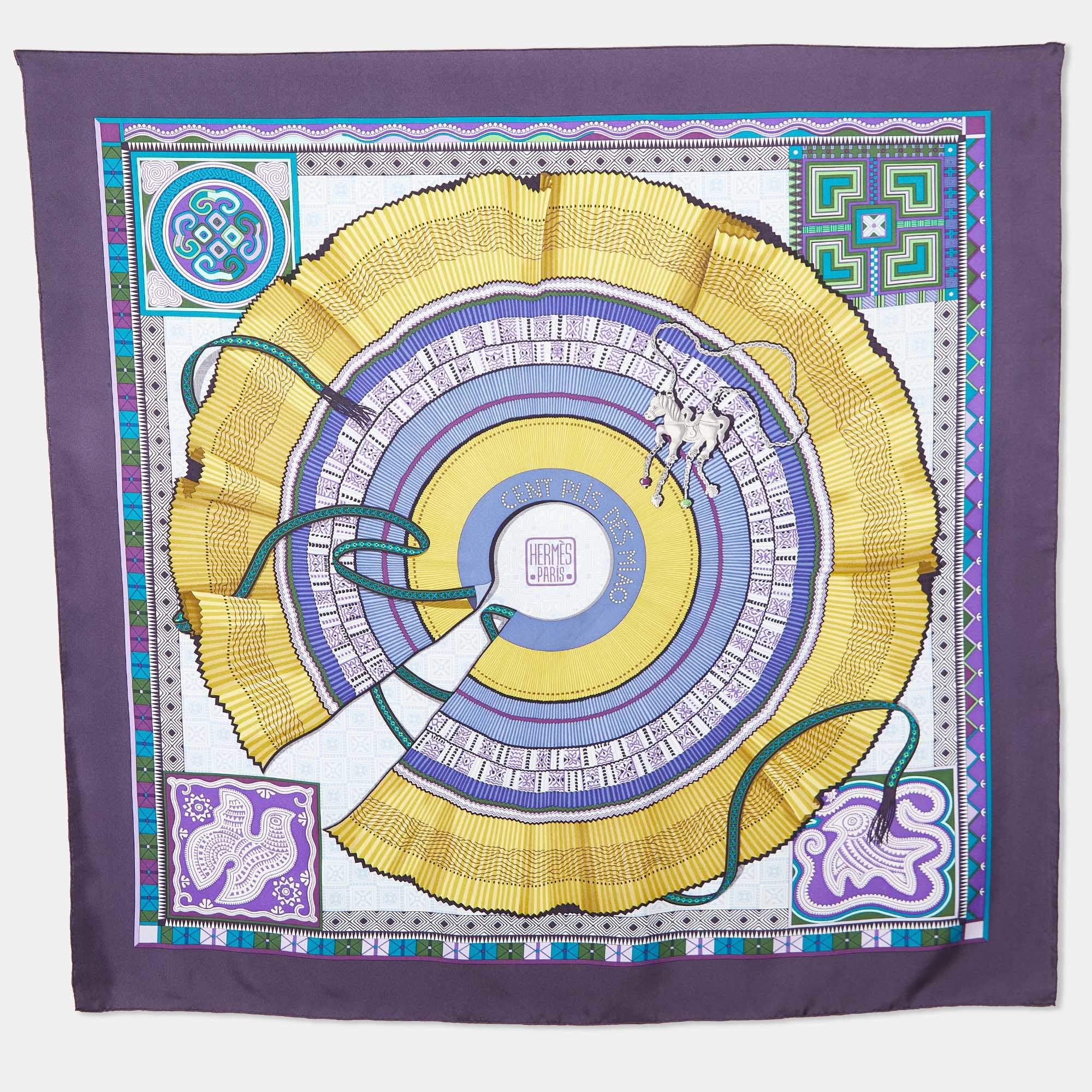 Hermès Purple Cent Plis Des Miao Printed Silk Square Scarf