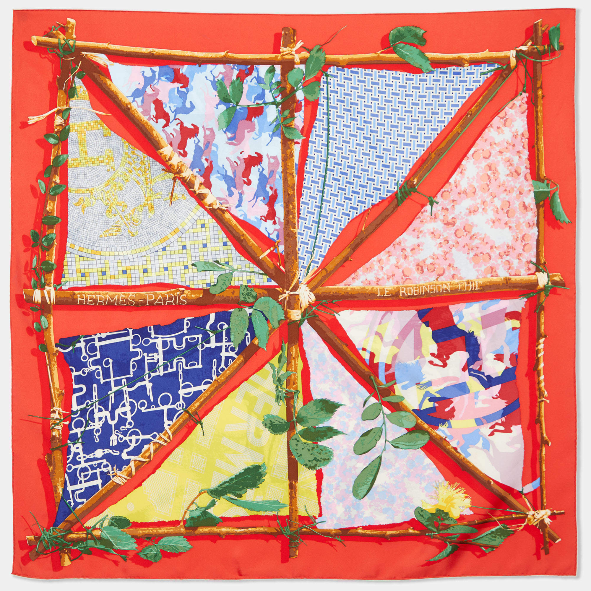 Hermès Red Le Robinson Chic Printed Silk Square Scarf