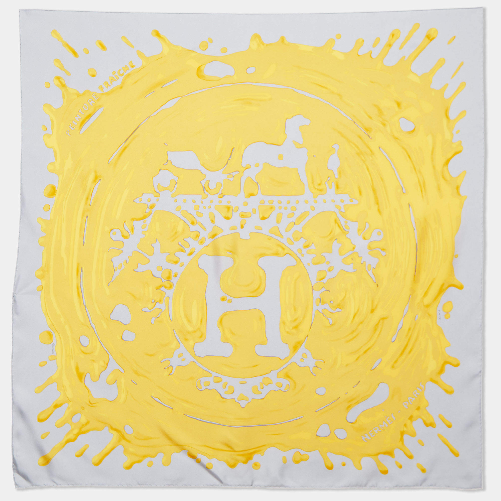 Hermès Grey & Yellow Peinture Fraiche Printed Silk Square Scarf