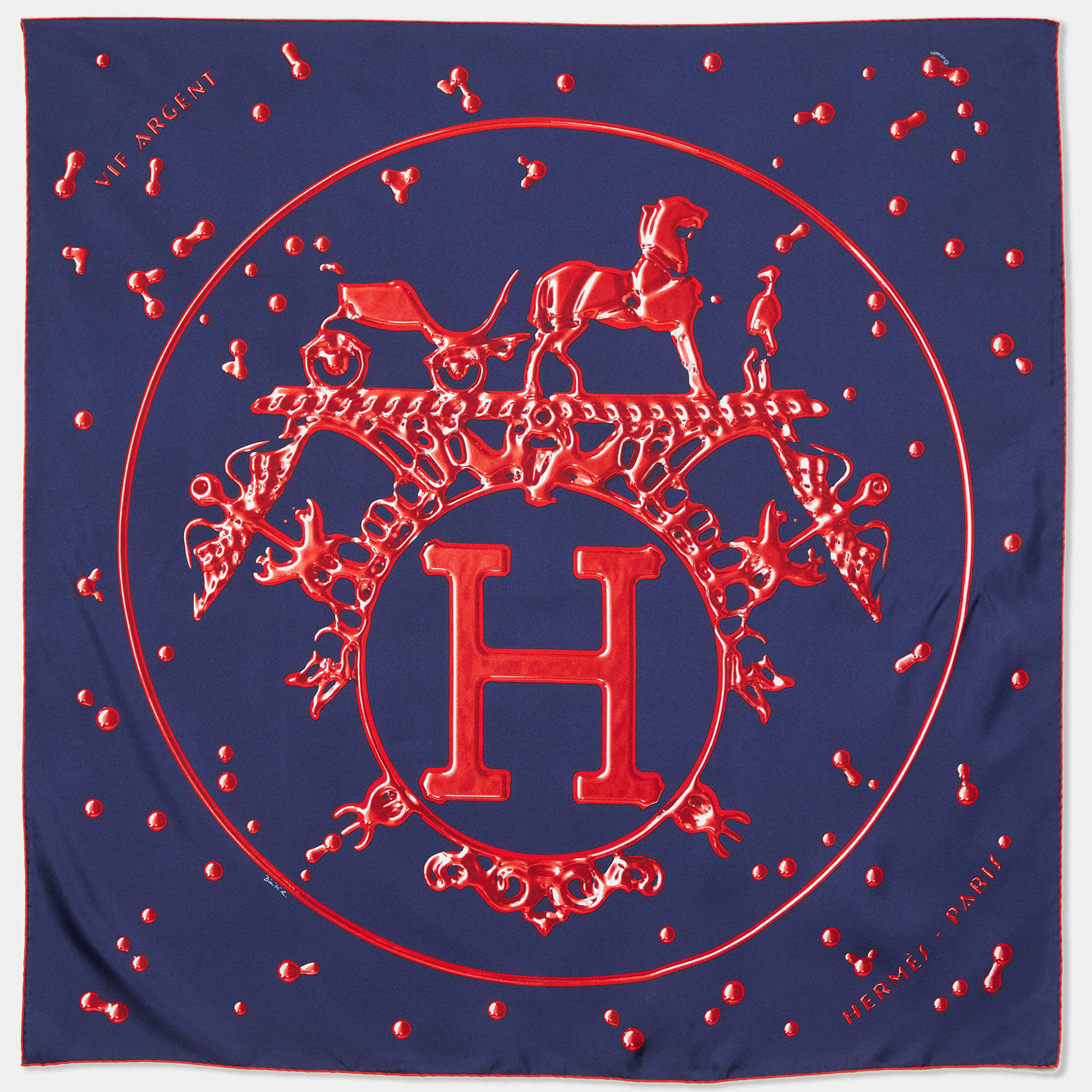 Hermes Navy Blue Vif Argent Printed Silk Square Scarf