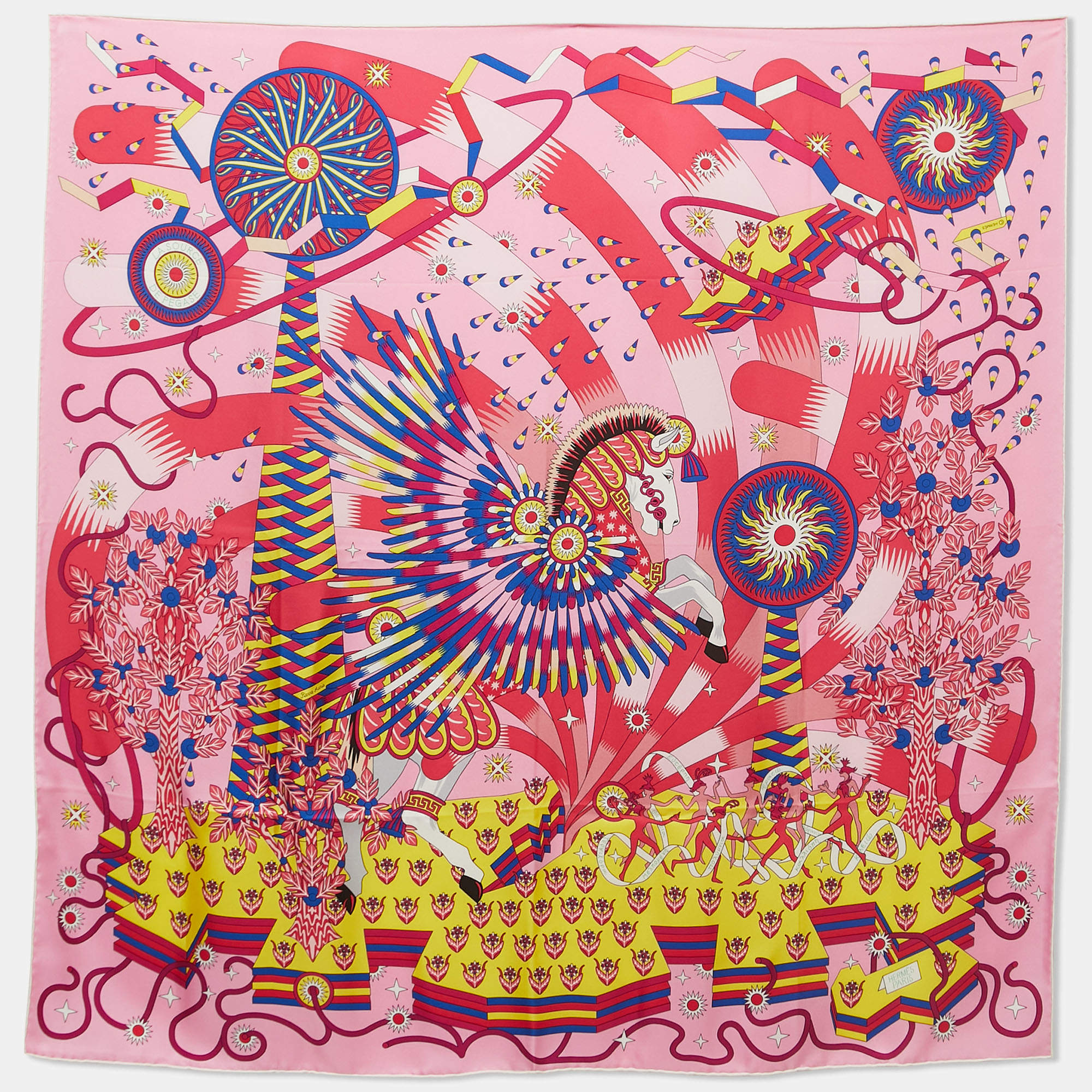 Hermès Pink La Source de Pegase Printed Silk Square Scarf