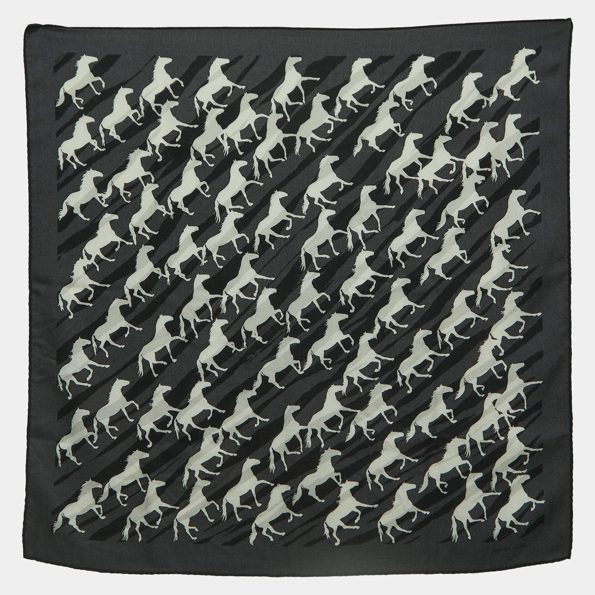 Pre Owned Hermès Black & Grey Horse Printed Cashmere & Silk Square Scarf