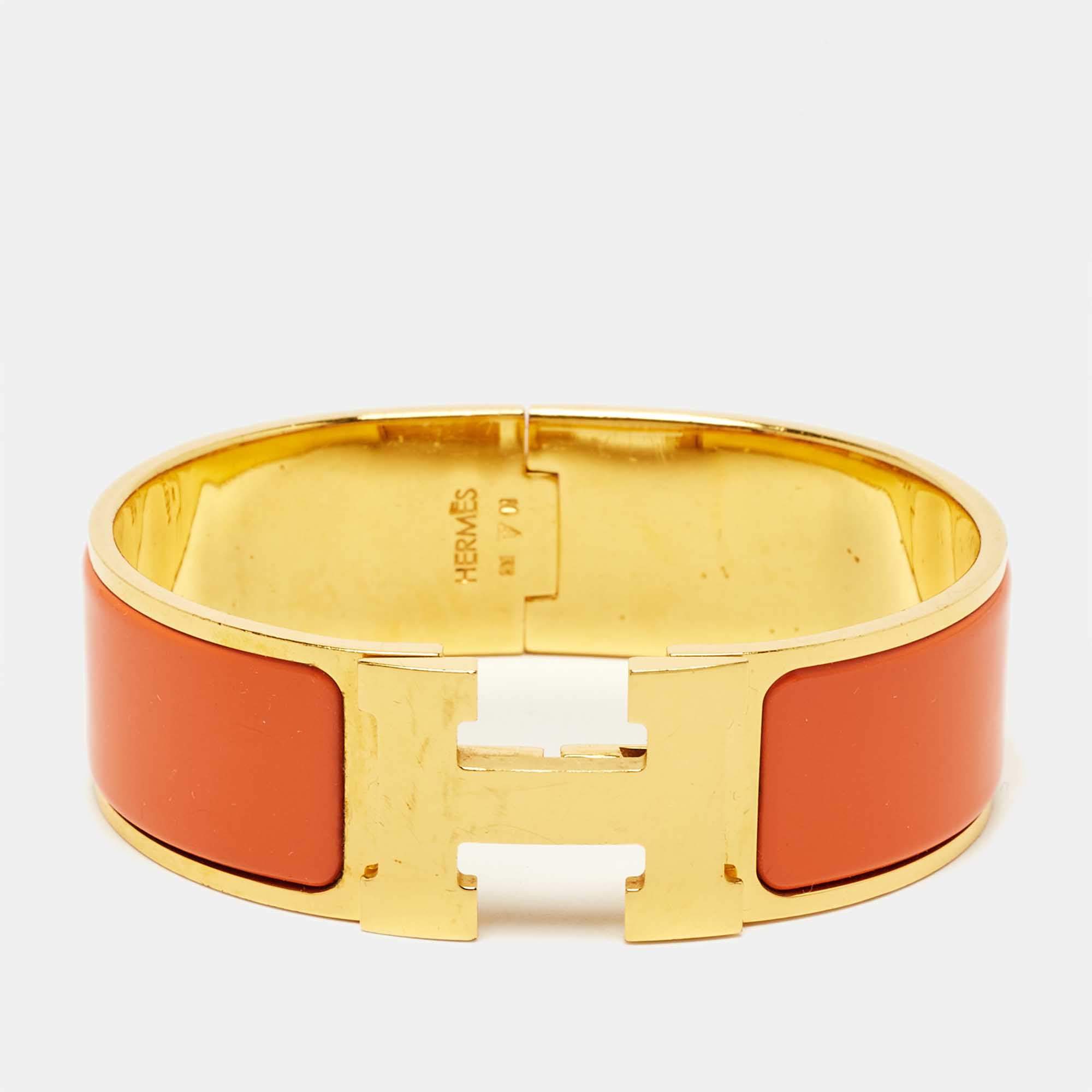 Hermès Clic Clac H Orange Enamel Gold Plated Wide Bracelet 