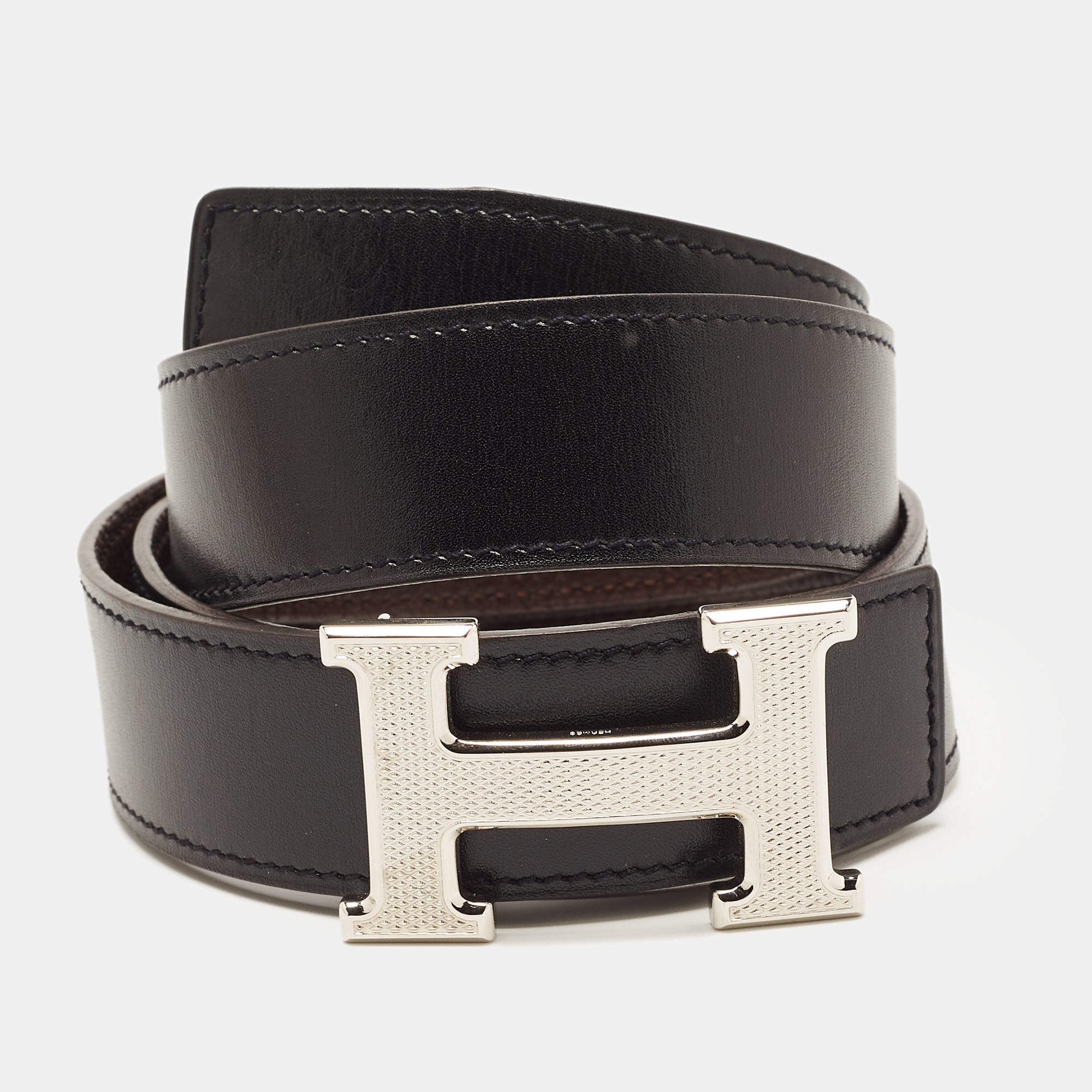Hermes Black/Ebene Box and Togo Leather Guilloche H Buckle Reversible Belt 85CM