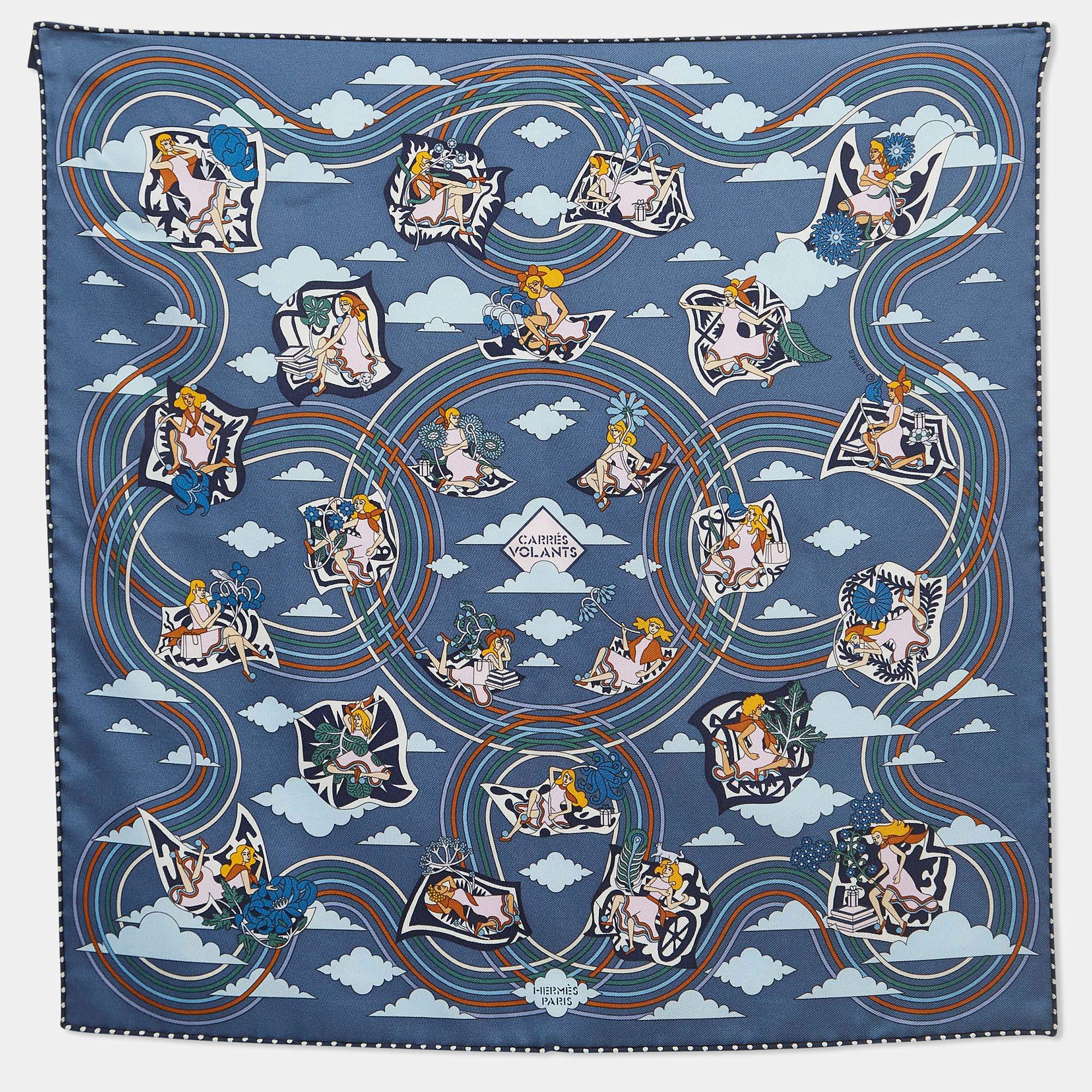 Hermès Bleu Jean Carres Volants Silk Scarf 45