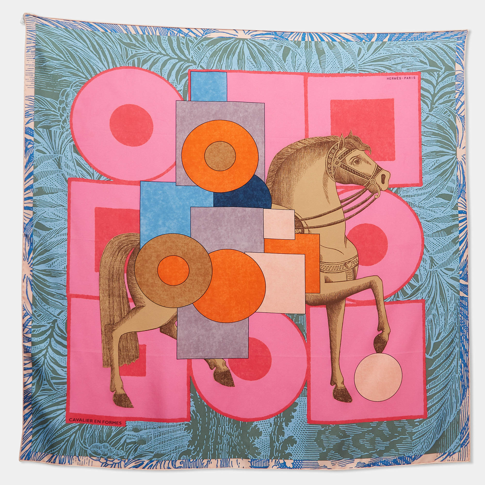 Pre Owned Hermès Rose Vif/Bleu Cavalier en Formes Silk Scarf