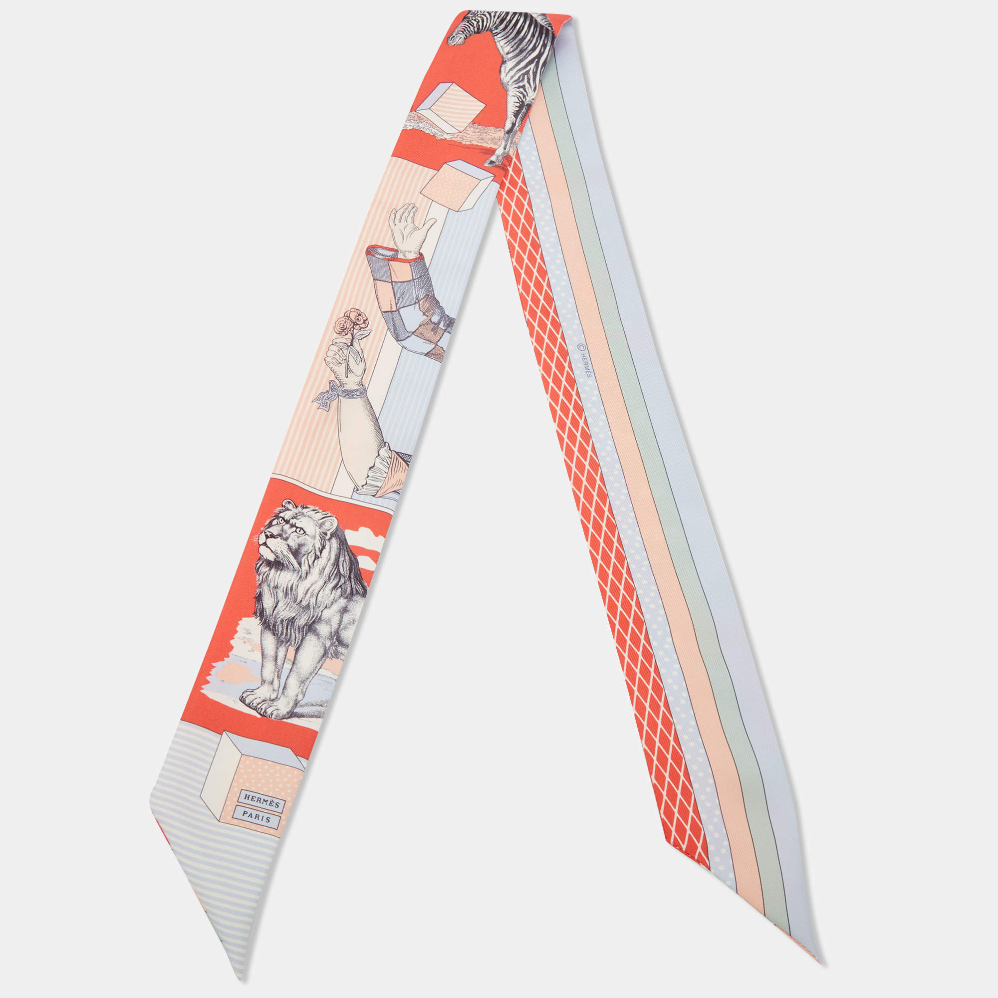 Hermes Multicolor Lion Tiger Print Silk Twilly