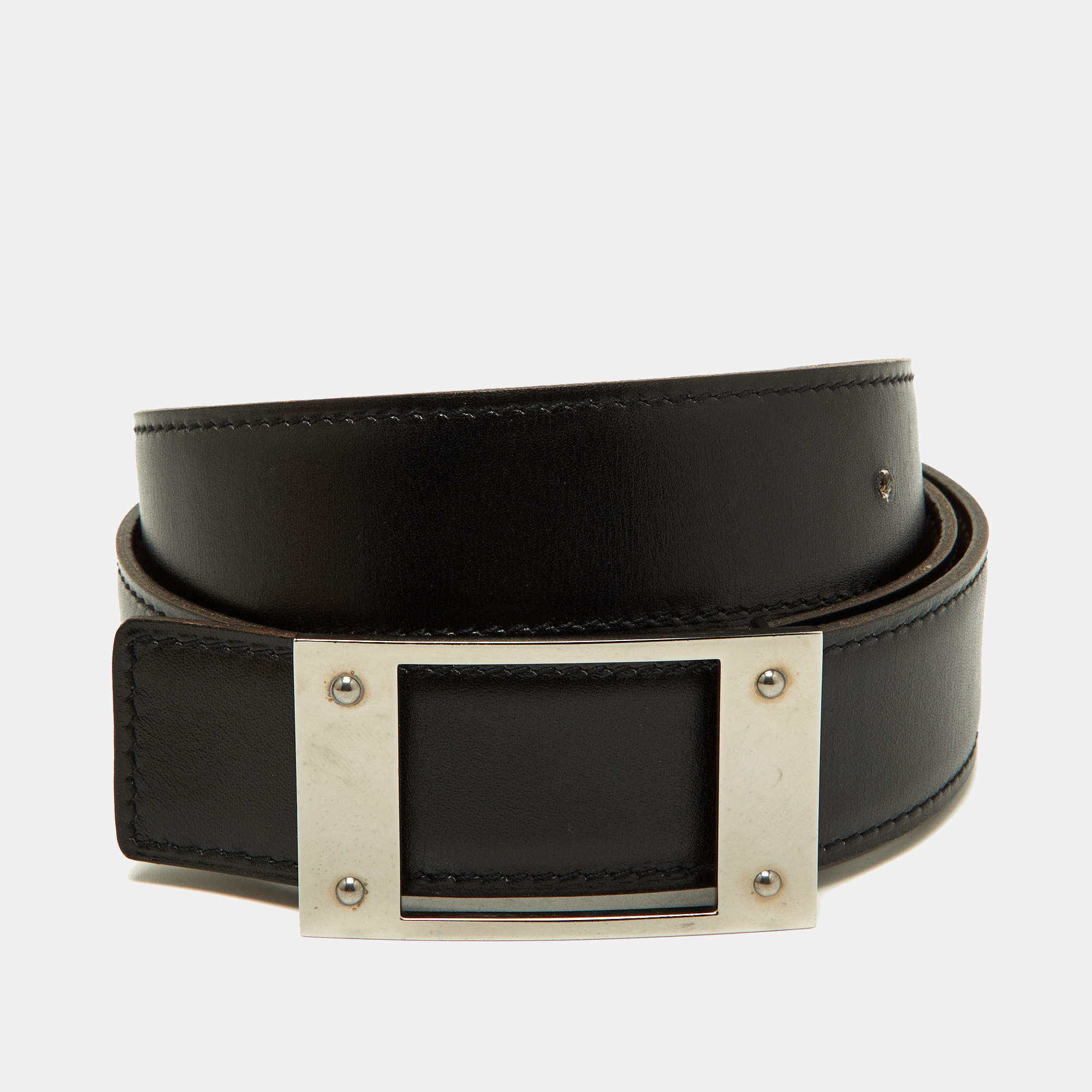 Hermes Black/Chocolat Box and Togo Leather Buckle Reversible Belt 85CM