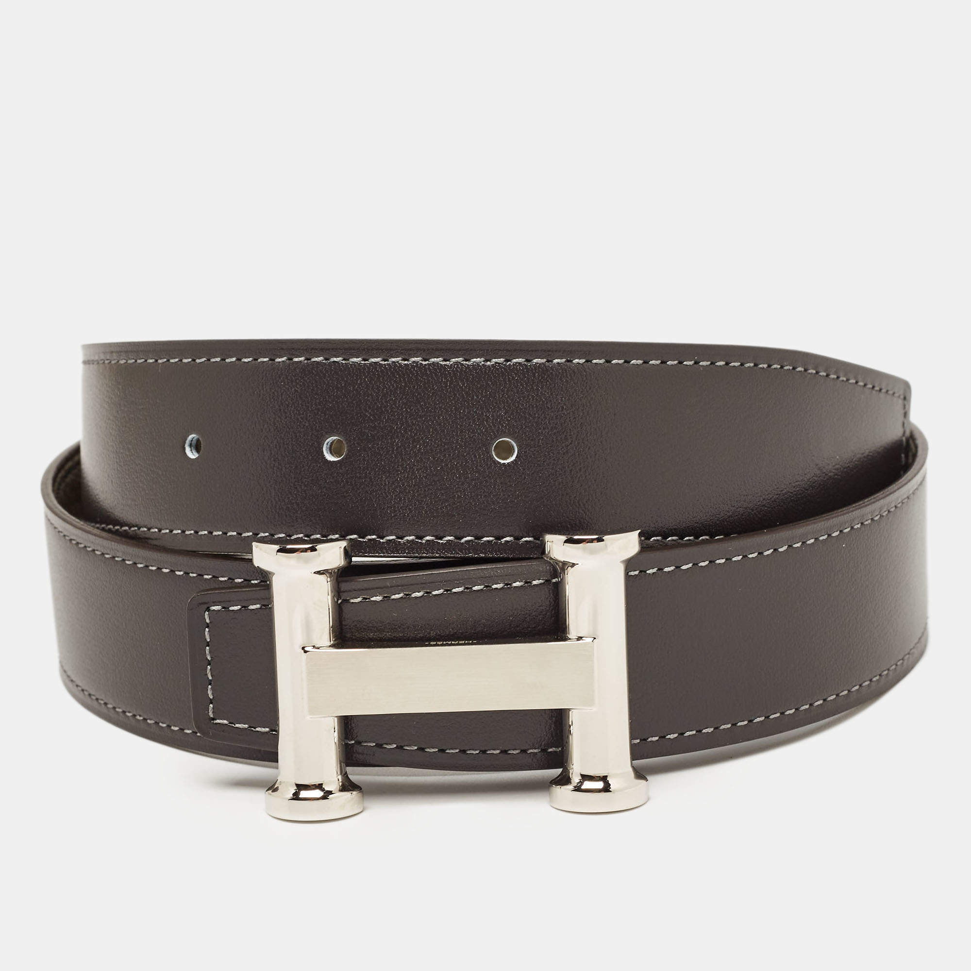 Hermes Graphite/Vert De Gris Chamonix and Togo Leather Agora Buckle Belt 80 CM