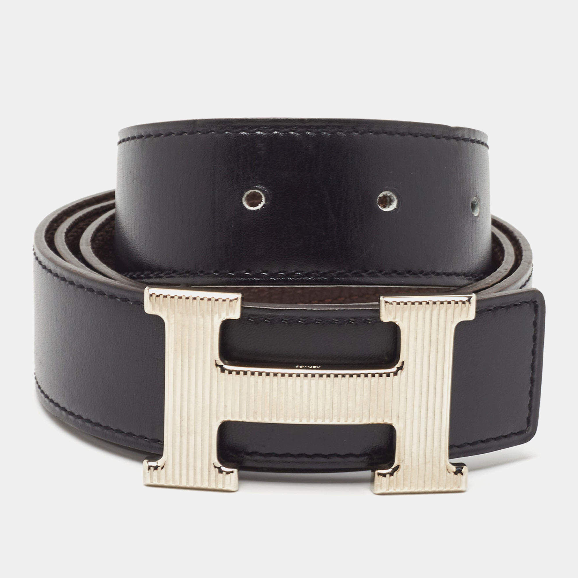 Hermes Noir/Chocolat Chamonix and Togo Leather H Striee Buckle Reversible Belt 85 CM