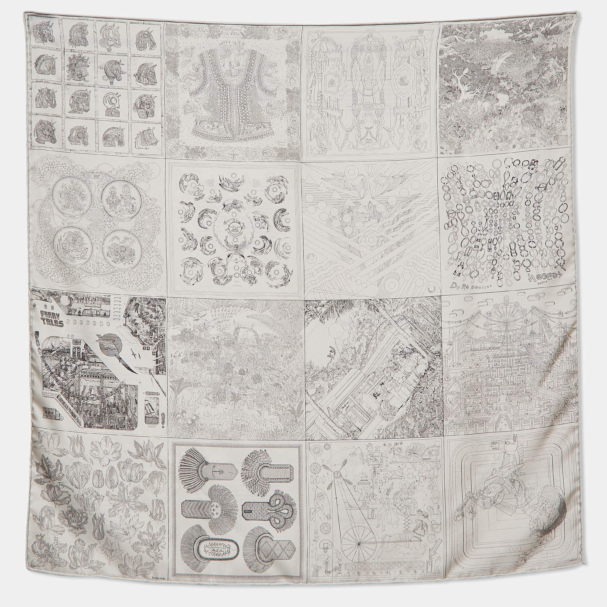 مملوكة مسبقًا Hermes Grey Silk Double Sided 16 Carres Square Scarf