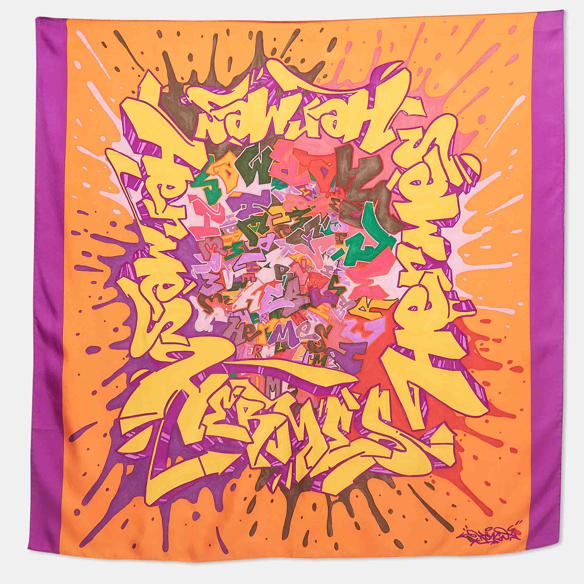 Pre Owned Hermès Orange Kongo Graffiti Print Silk Scarf