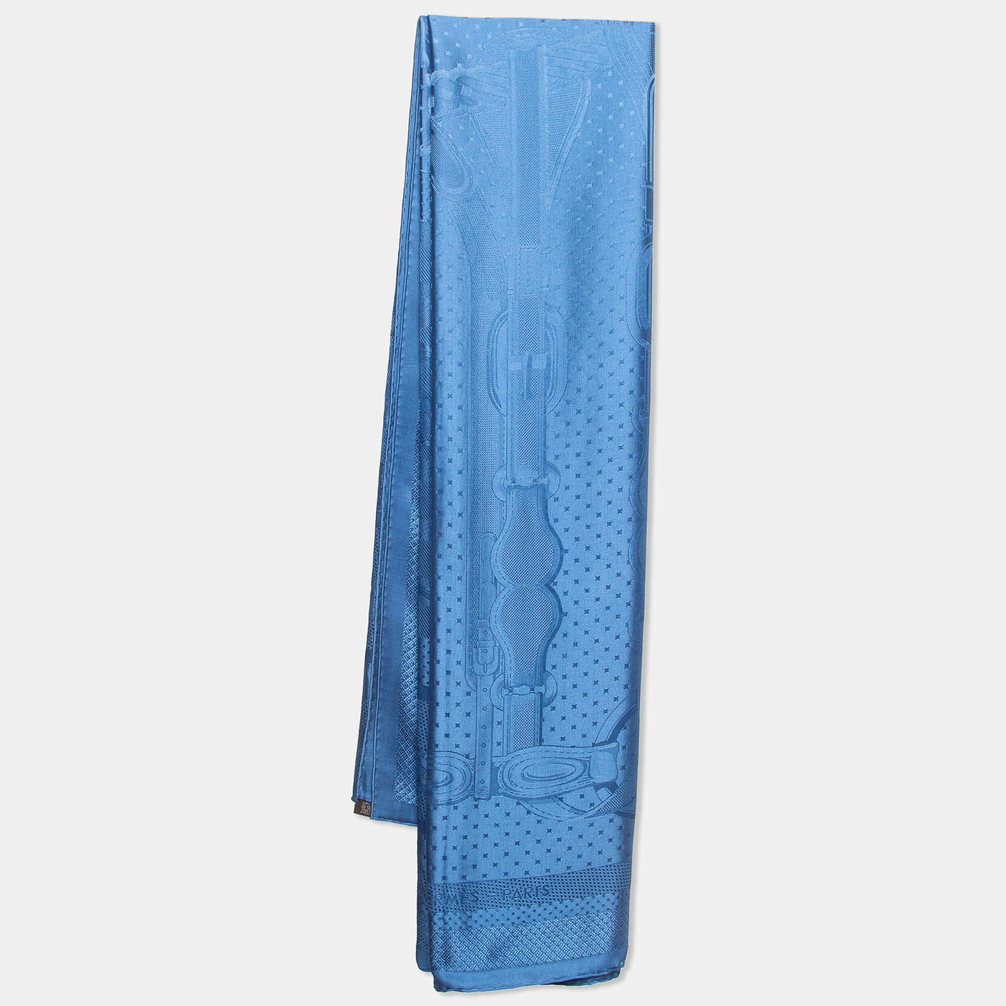 Hermes Blue Patterned Silk Satin Coaching Scarf