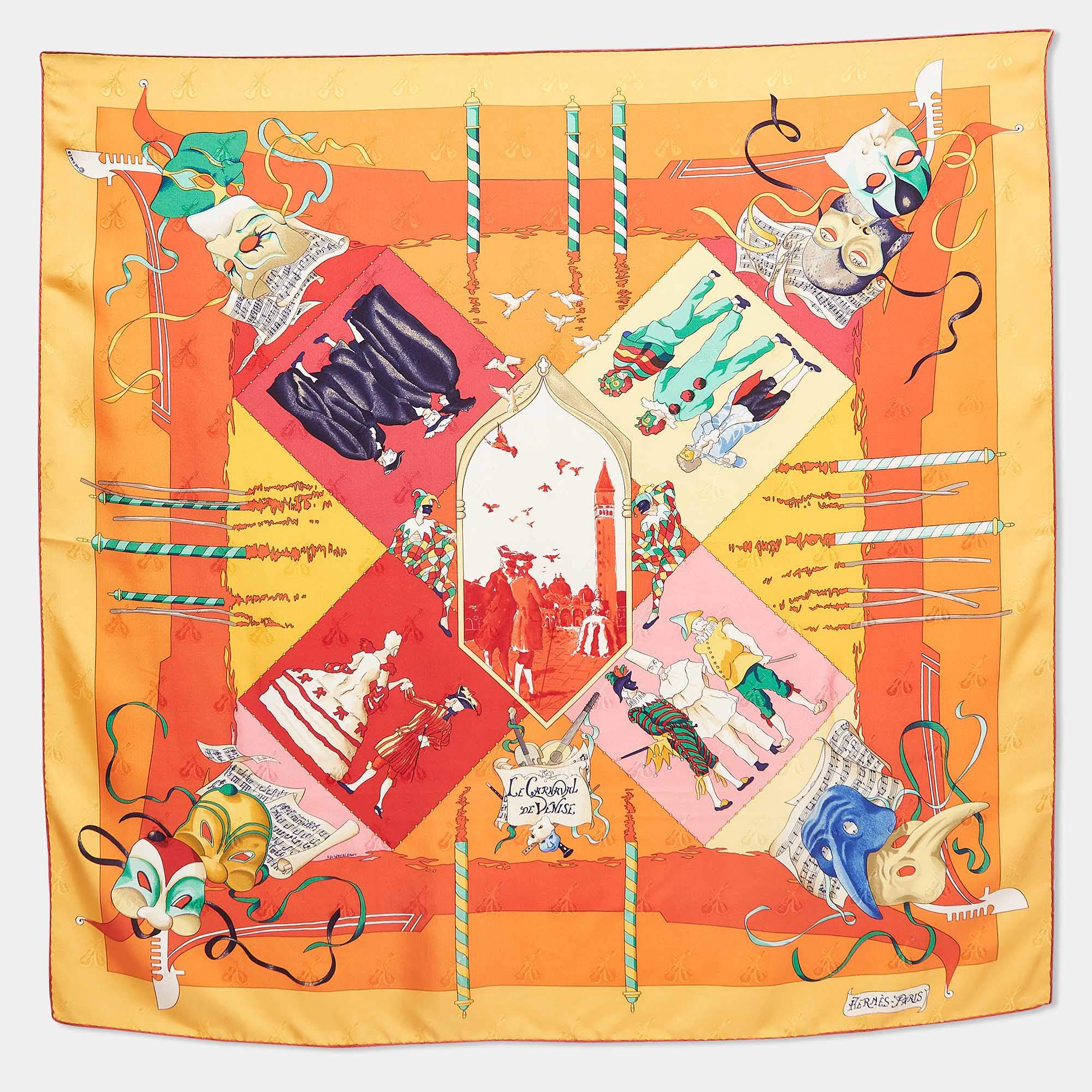 Hermes Vintage Multicolor Jacquard Silk Le Carnaval de Venise Scarf