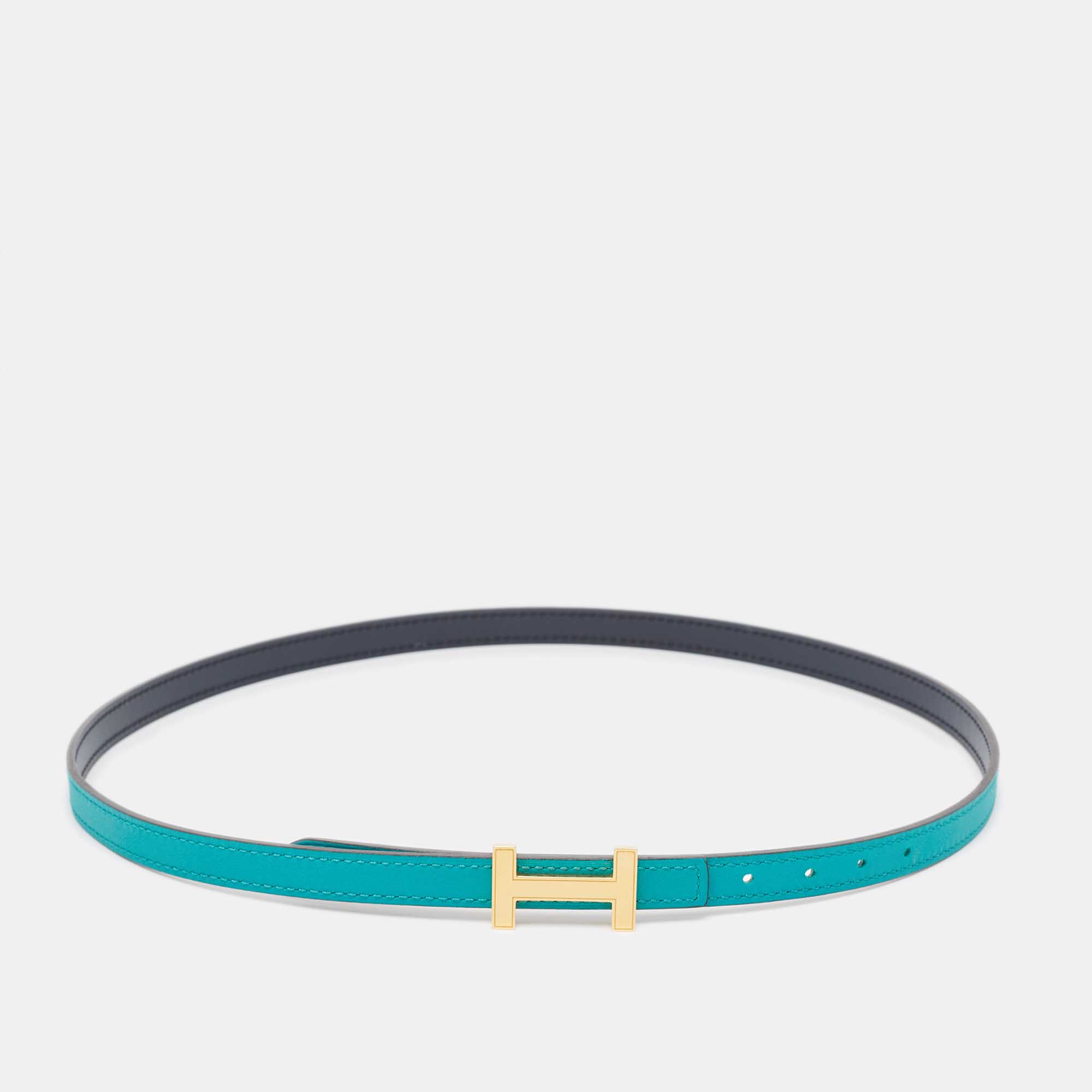 Hermes Vert Verone/Bleu Swift Leather Focus Buckle Reversible Belt 75 CM
