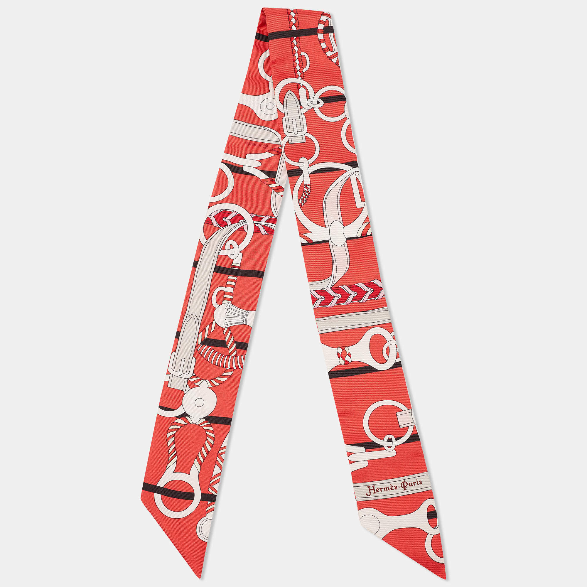 Hermes Red Print Silk Panoplie Equestre Twilly
