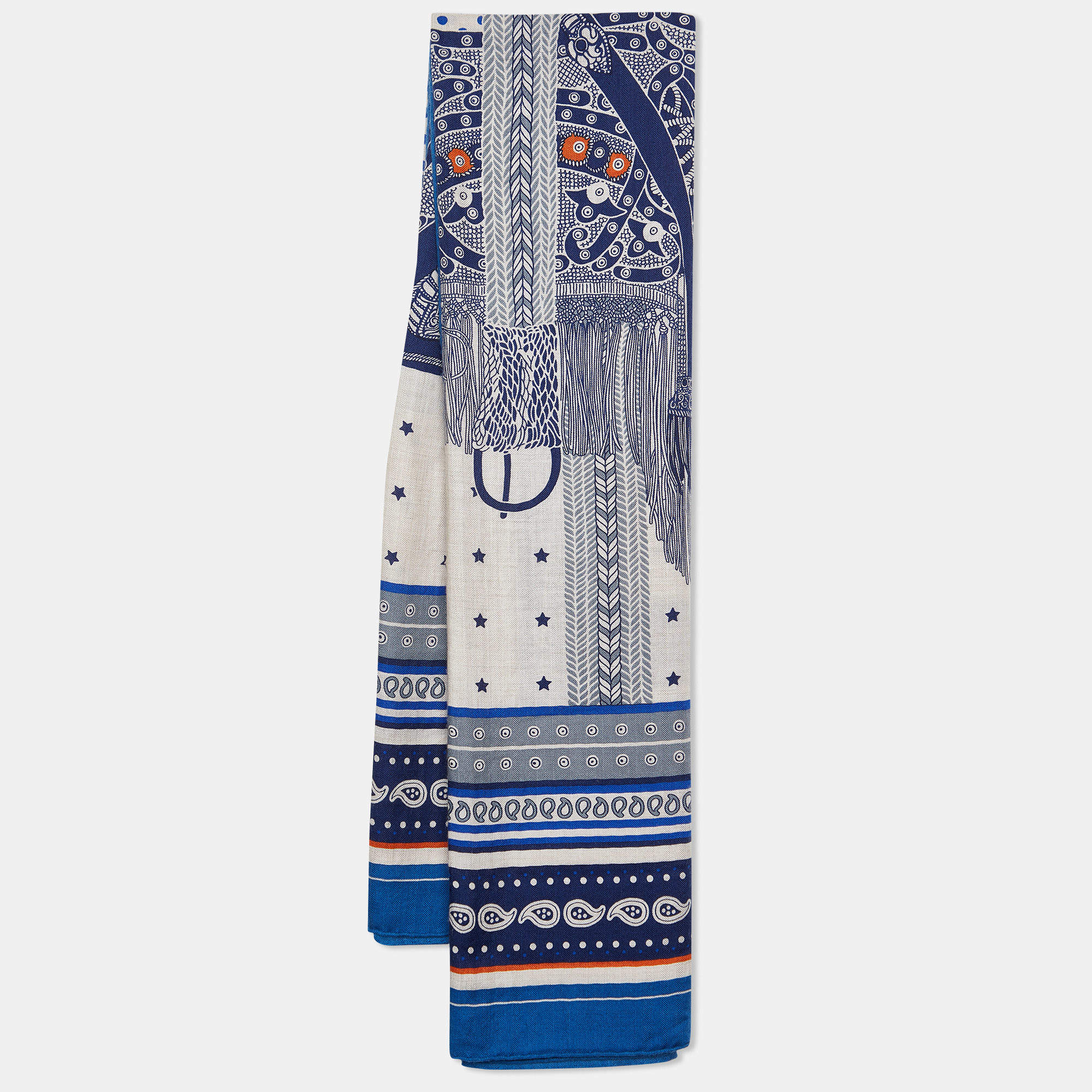 Pre Owned Hermes Bleu Roy Selle De Dignitaire Cashmere & Silk Shawl