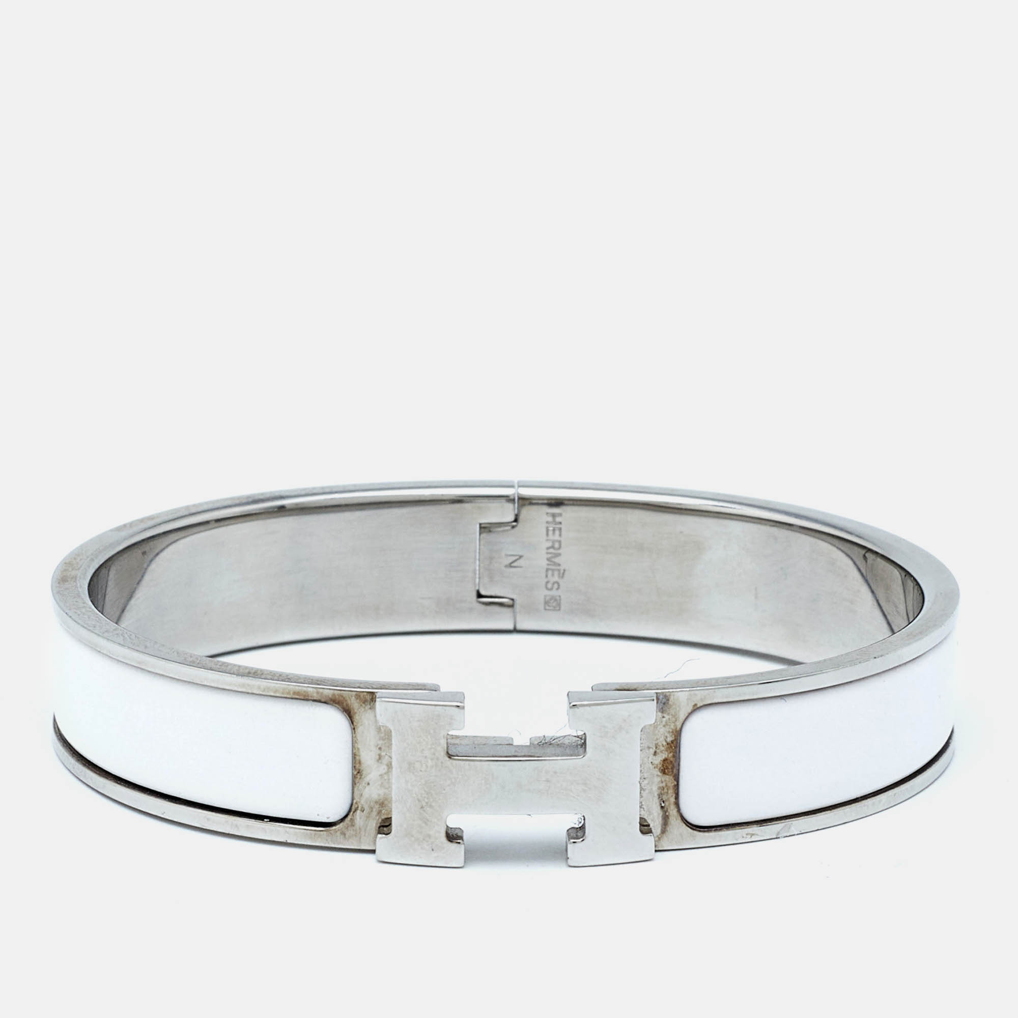 Pre Owned Hermès Clic H White Enamel Palladium Plated Narrow Bracelet