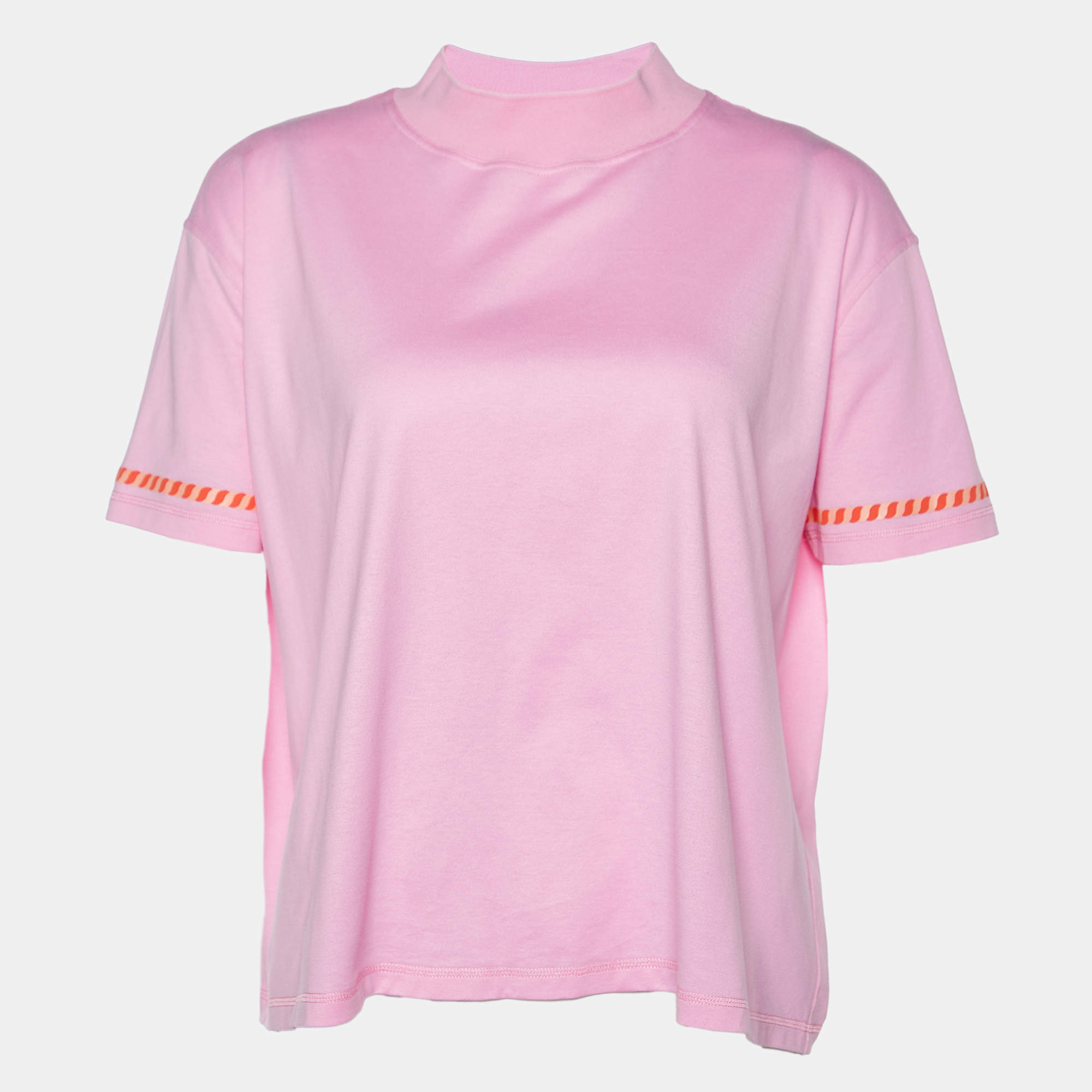 Pre Owned Hermes Pink Printed Cotton Knit High Neck T-Shirt S