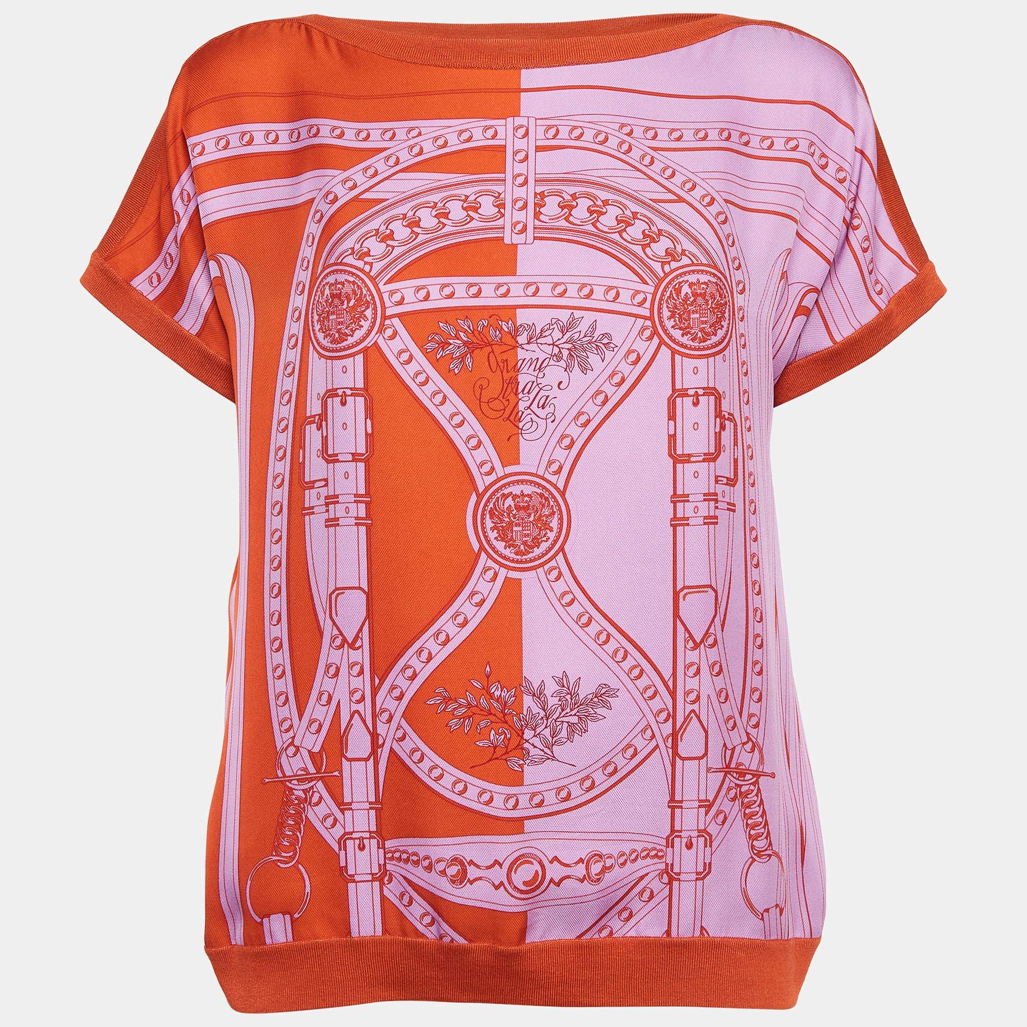 Pre Owned Hermès Orange Grand Tralala Cut Silk Twillaine Sweater M