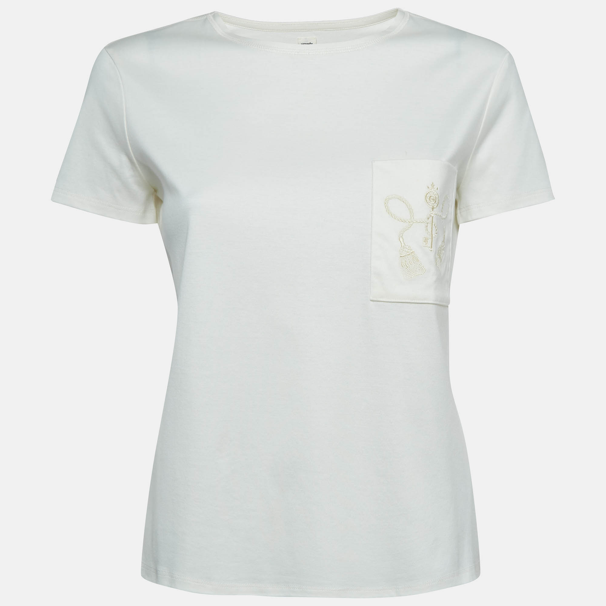 Pre Owned Hermes Off White Embroidered Pocket Jersey T-Shirt S