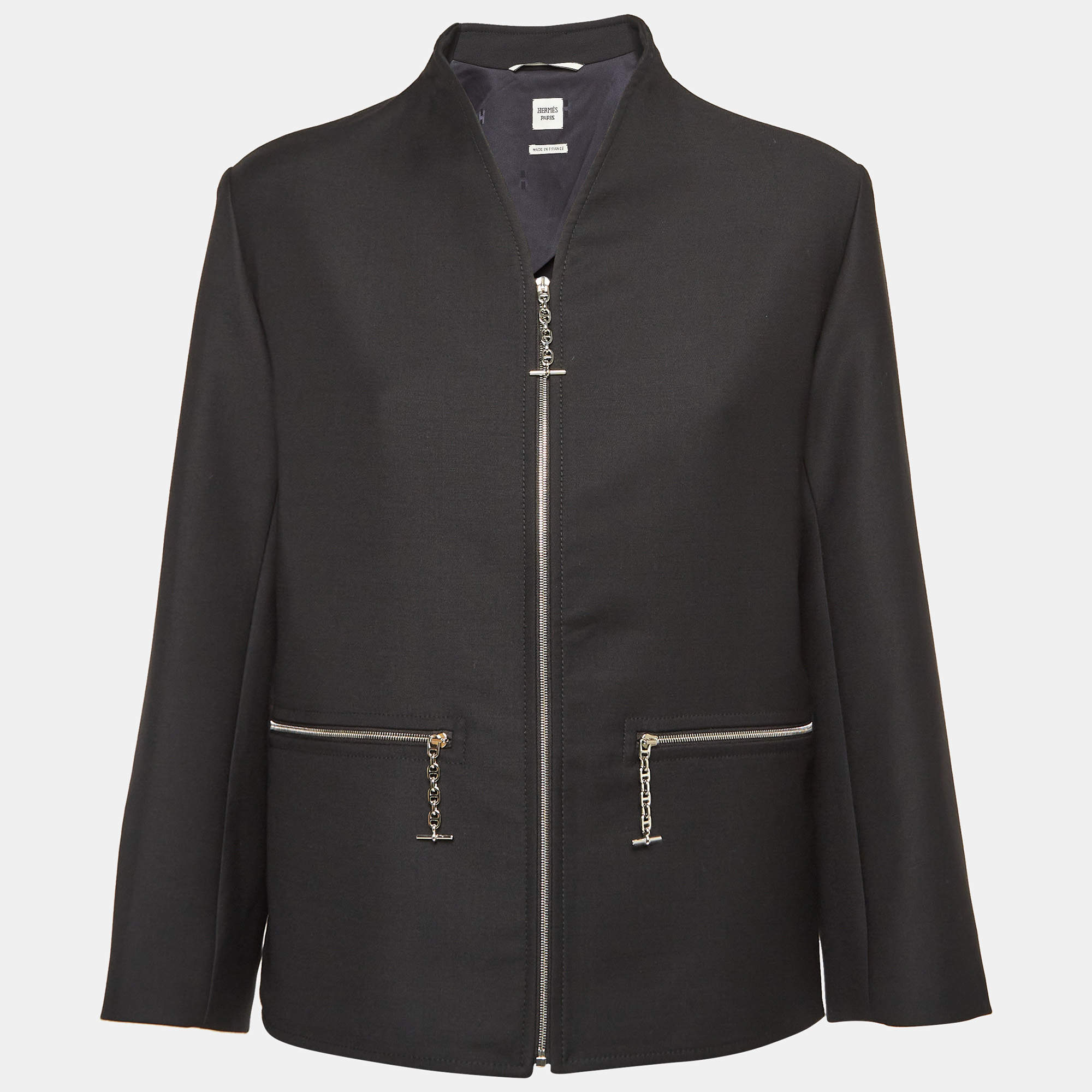 Hermes Black Wool Chaine d'Ancre No-collar Jacket M