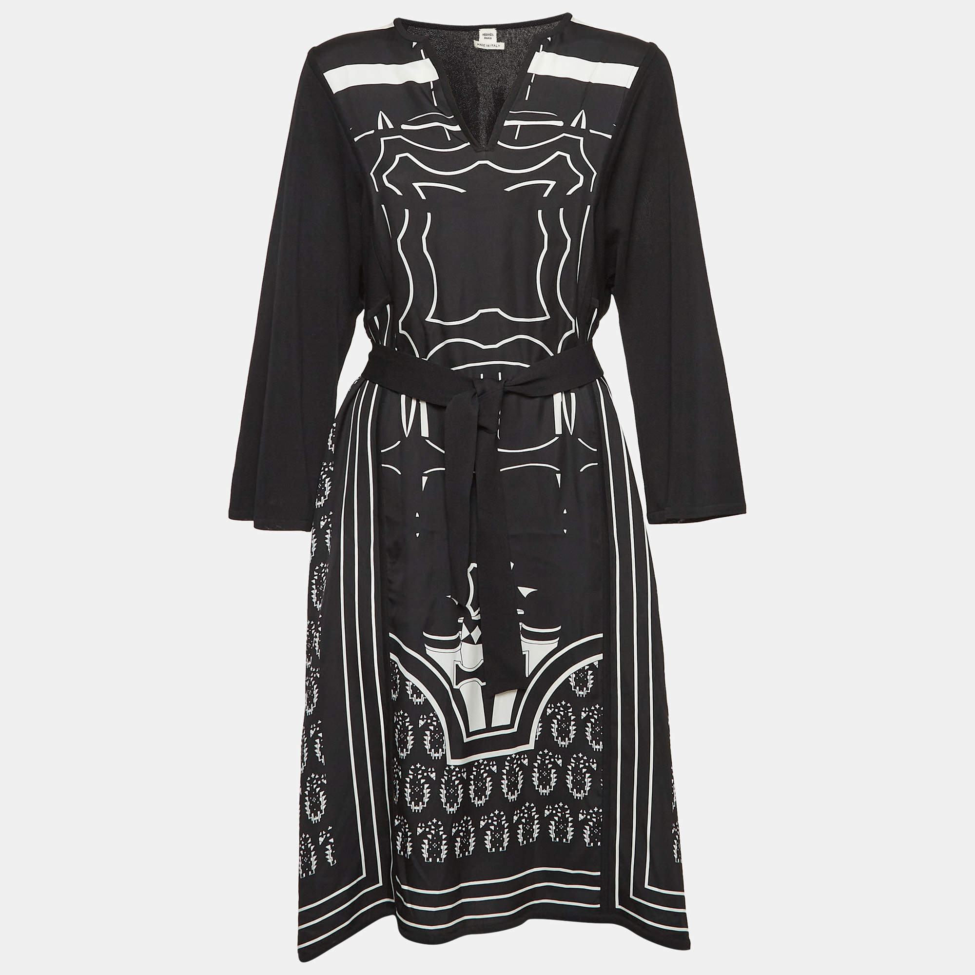 Pre Owned Hermes Black Printed Silk & Jersey Zouaves et Dragons Finesse Short Dress M