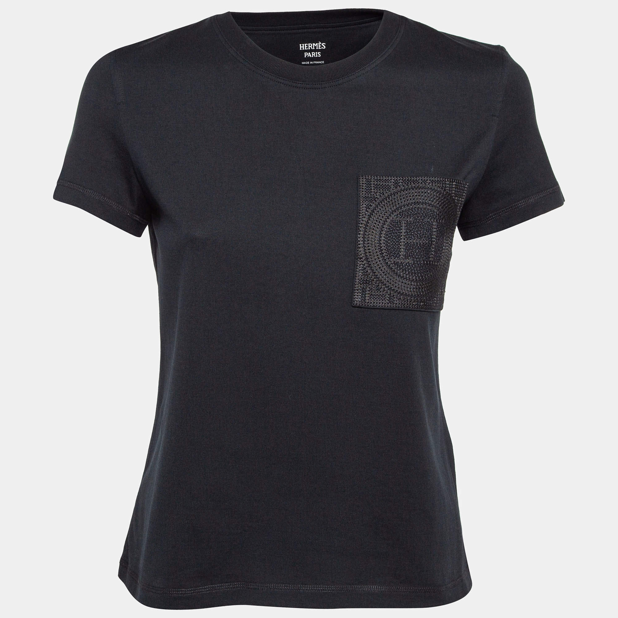 Hermes Black Cotton Embroidered Pocket Detailed T-Shirt S