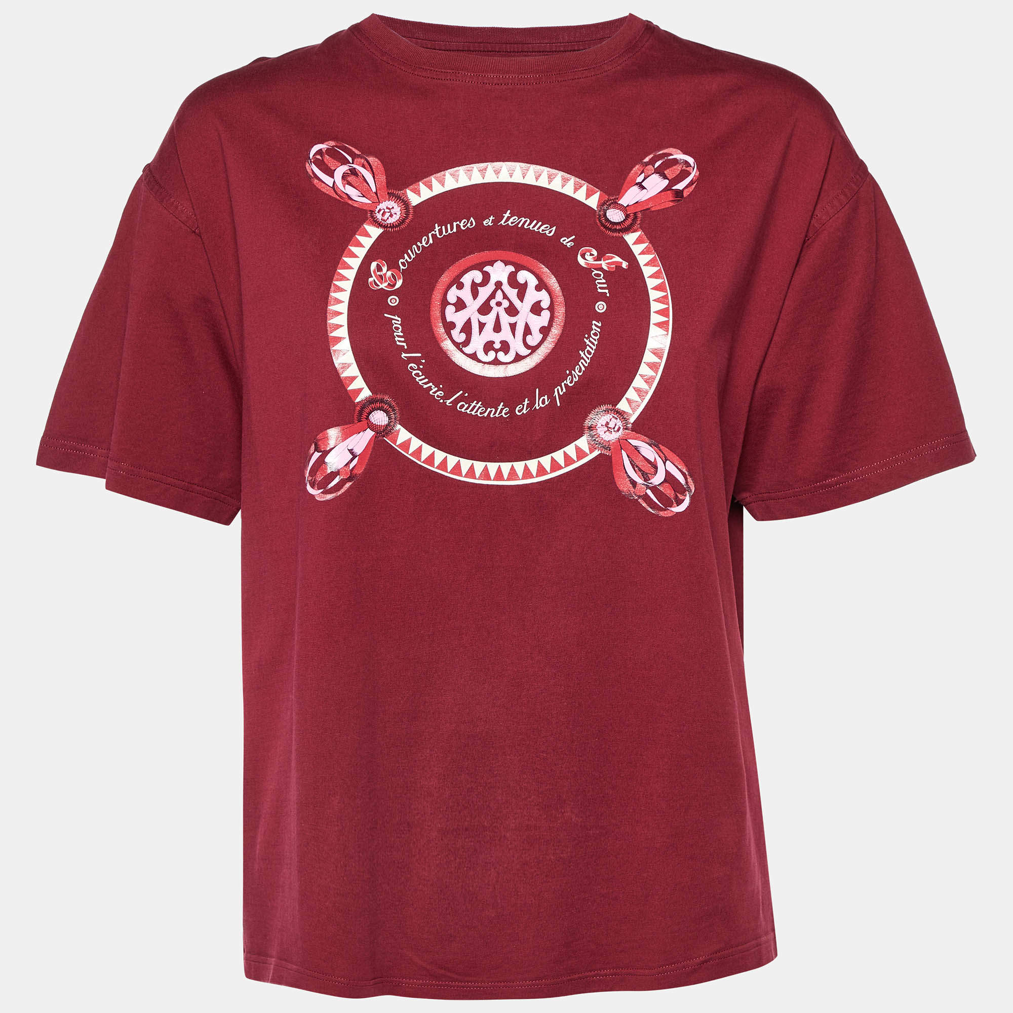 Pre Owned Hermes Maroon Couvertures et Tenues Print Cotton Crew Neck T-Shirt L