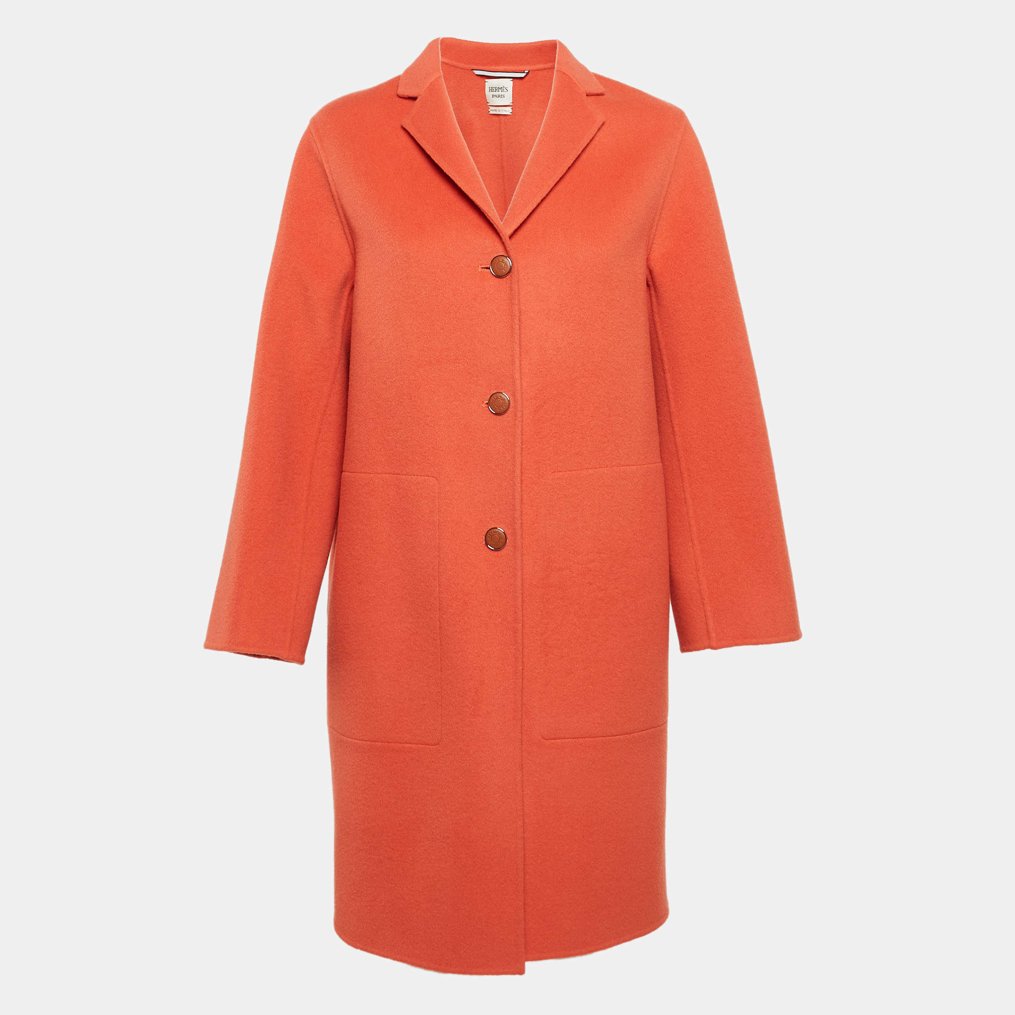 Hermes Orange Felt Single Breasted Mid-Length Coat M