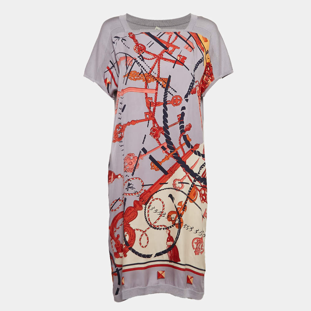 Pre Owned Hermes Purple Robe Print Silk & Knit Shift Dress M