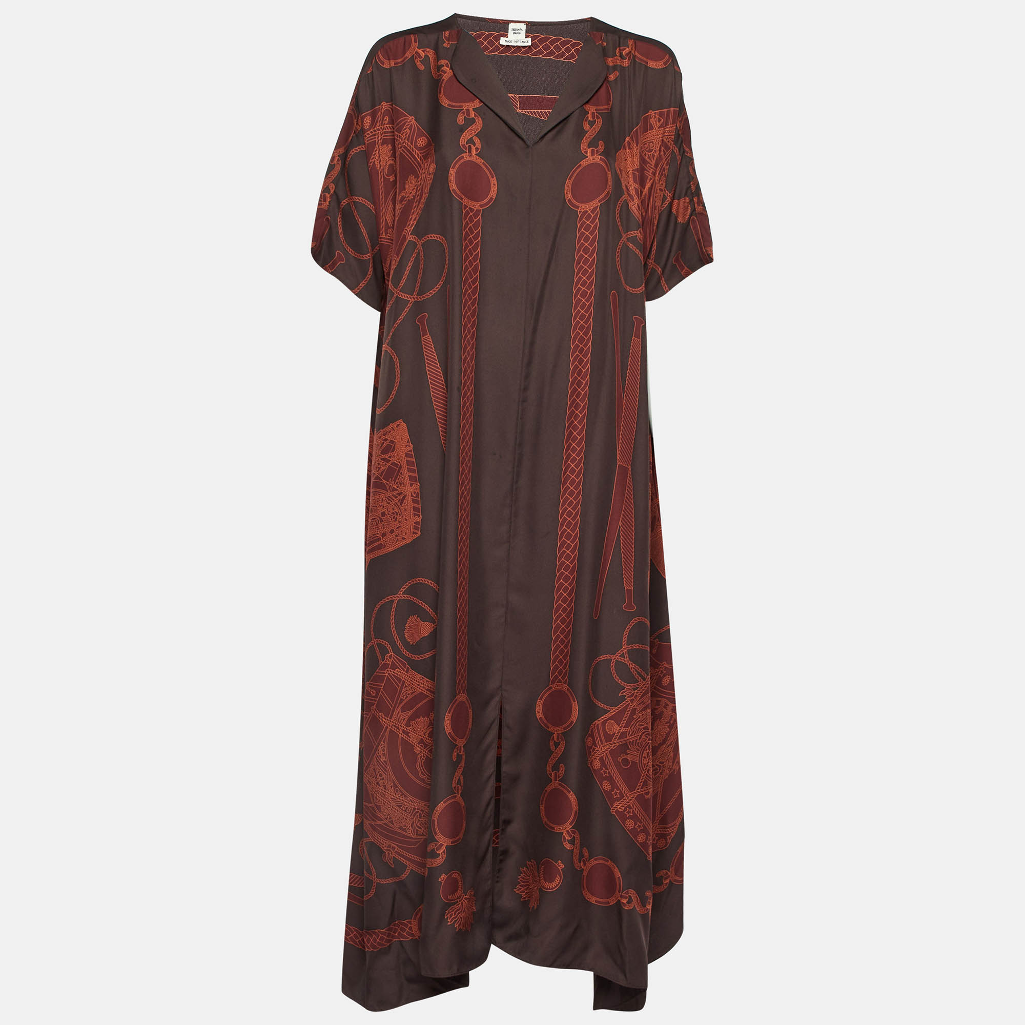 Hermes Brown Les Tambours Print Silk Tunic Midi Dress L